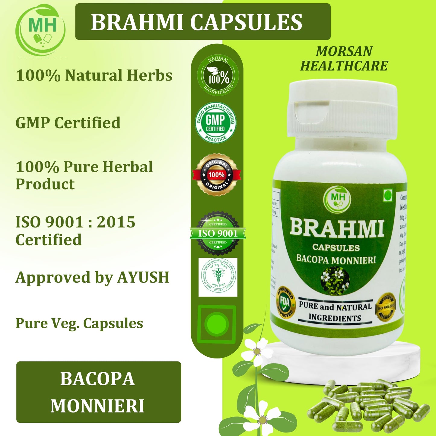 Morsan Healthcare Brahmi (Bacopa Monnieri) Vegetarian Capsules, 500mg Each, Non-GMO, Vegan, Gluten-Free, 120 Capsules