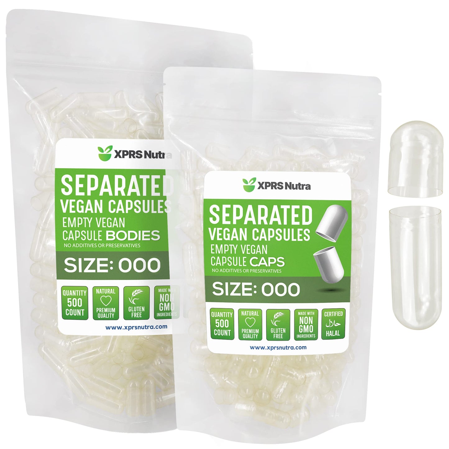 XPRS Nutra Vegan Size 000 Separated Empty Capsules, 500 Capsules