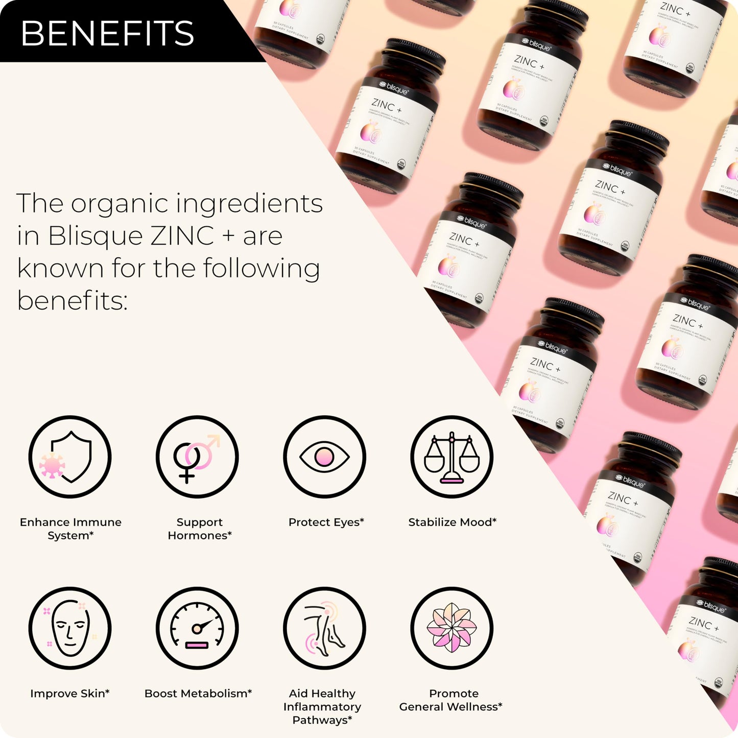 Blisque Organic Zinc Supplement Sourced from Guava Leaves with Ginger Extract, 90 Capsules