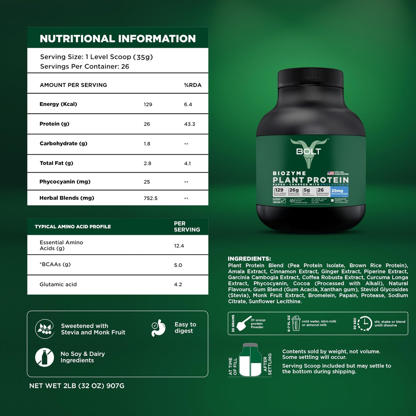 Bolt Nutrition Biozyme Plant Protein Powder, 2 lb