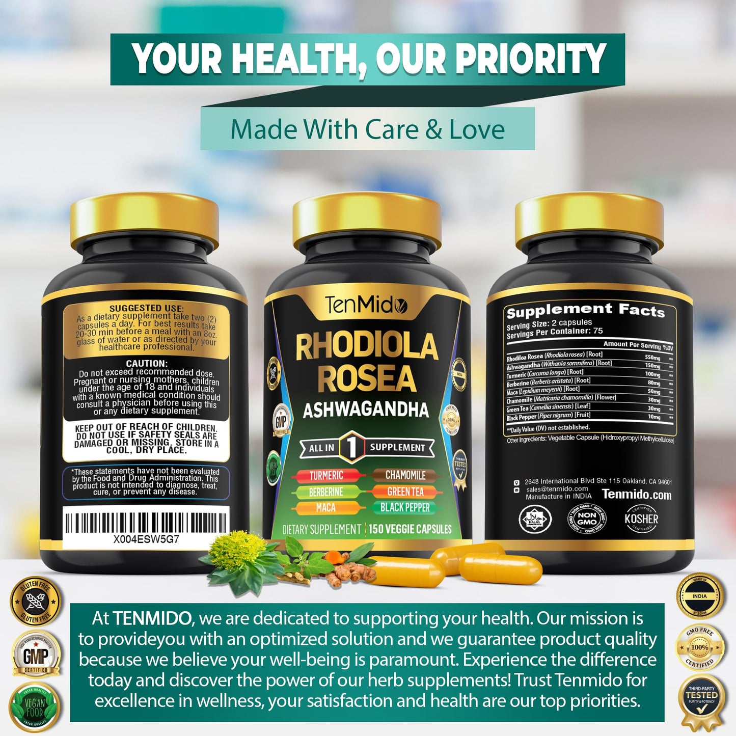 Tenmido Rhodiola Rosea Supplement Capsules, 150 Vegan Capsules
