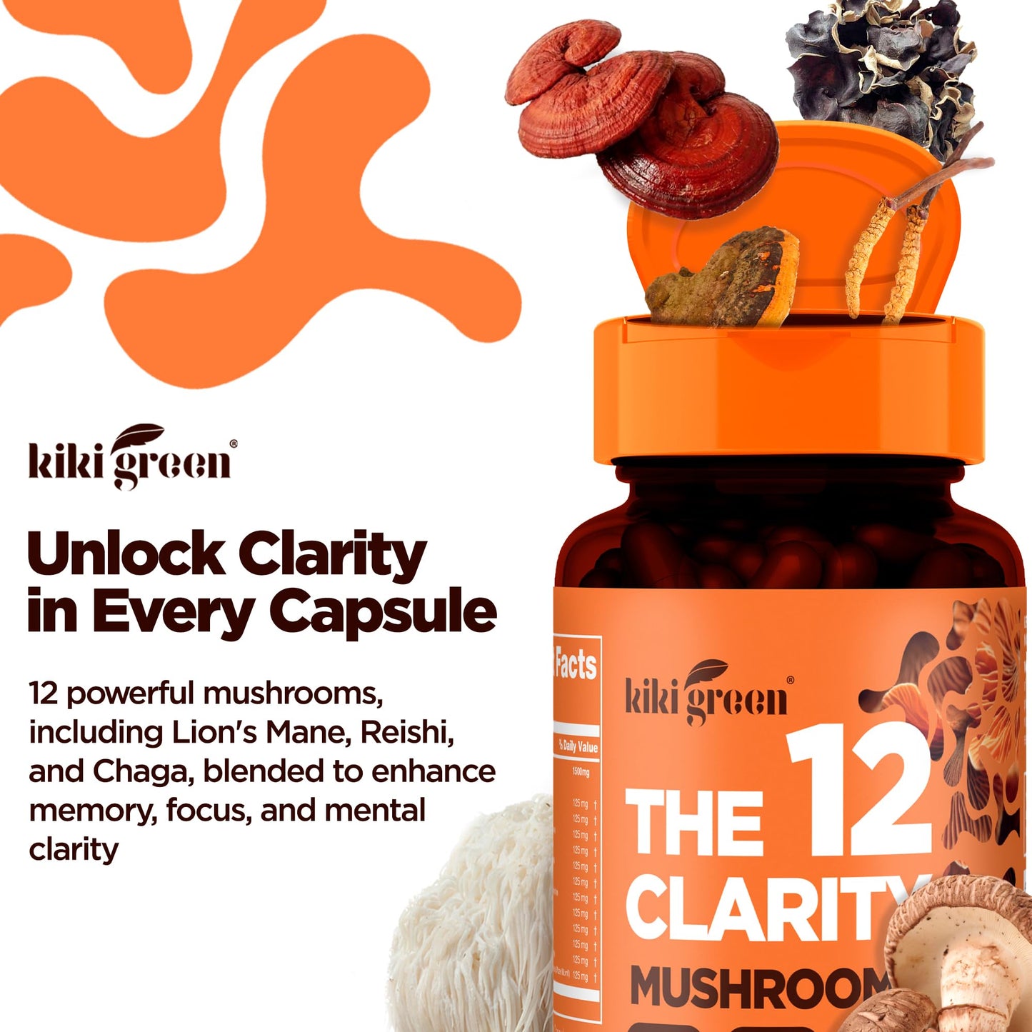 KIKI Green 12 Mushroom Supplement Capsules 120 Count