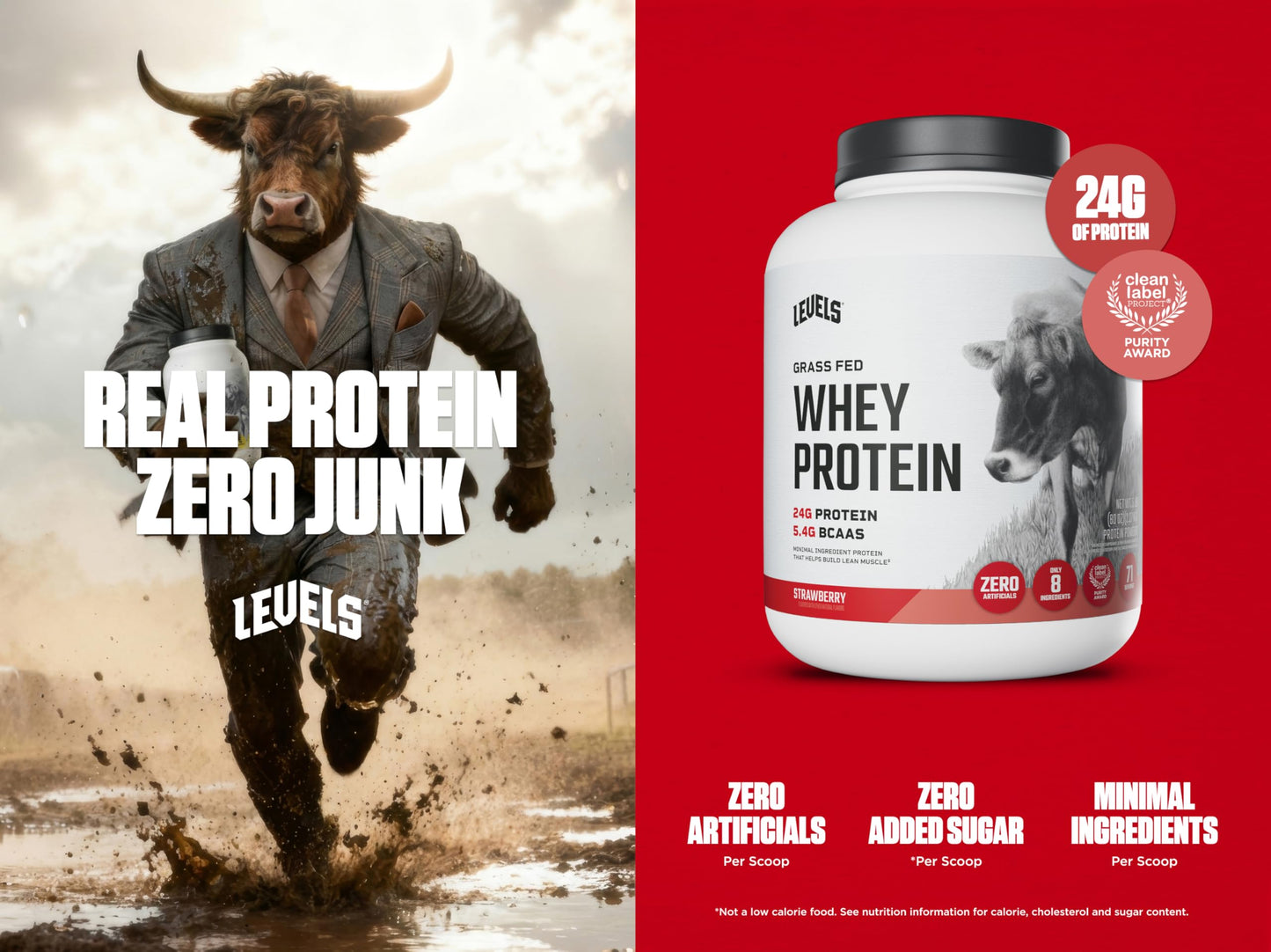 Levels Nutrition Grass Fed Whey Protein Powder Strawberry, 80 Servings