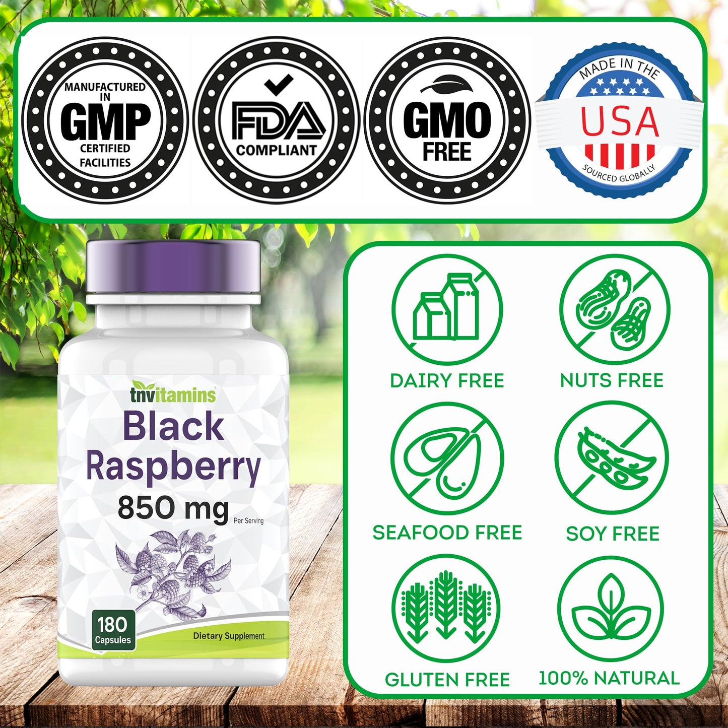 tnvitamins Black Raspberry Capsules 850mg Per Serving, 180 Capsules