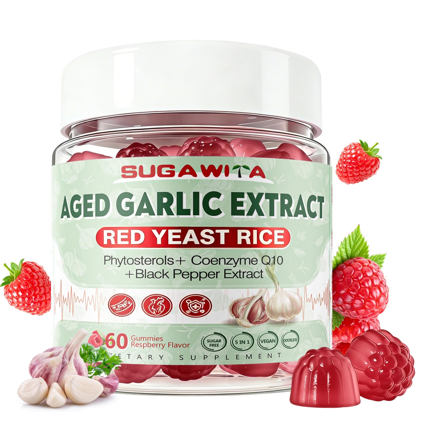 SUGAWITA Odorless Aged Garlic Extract 300mg Gummies with CoQ10, 2-Year Matured Garlic Supplement, Standardized for S-Allylcysteine, Sugar Free Vegan Non-GMO Raspberry Flavor Chewable 60 Count