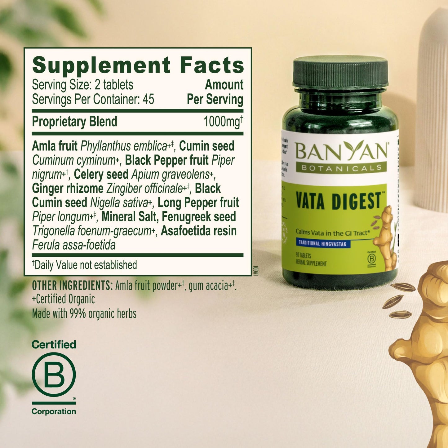 Banyan Botanicals Organic Vata Digest – Warming Digestive Support Supplement – Herbal Bloat & Gas Relief with Ginger, Cumin & Ajwan – 90 Tablets