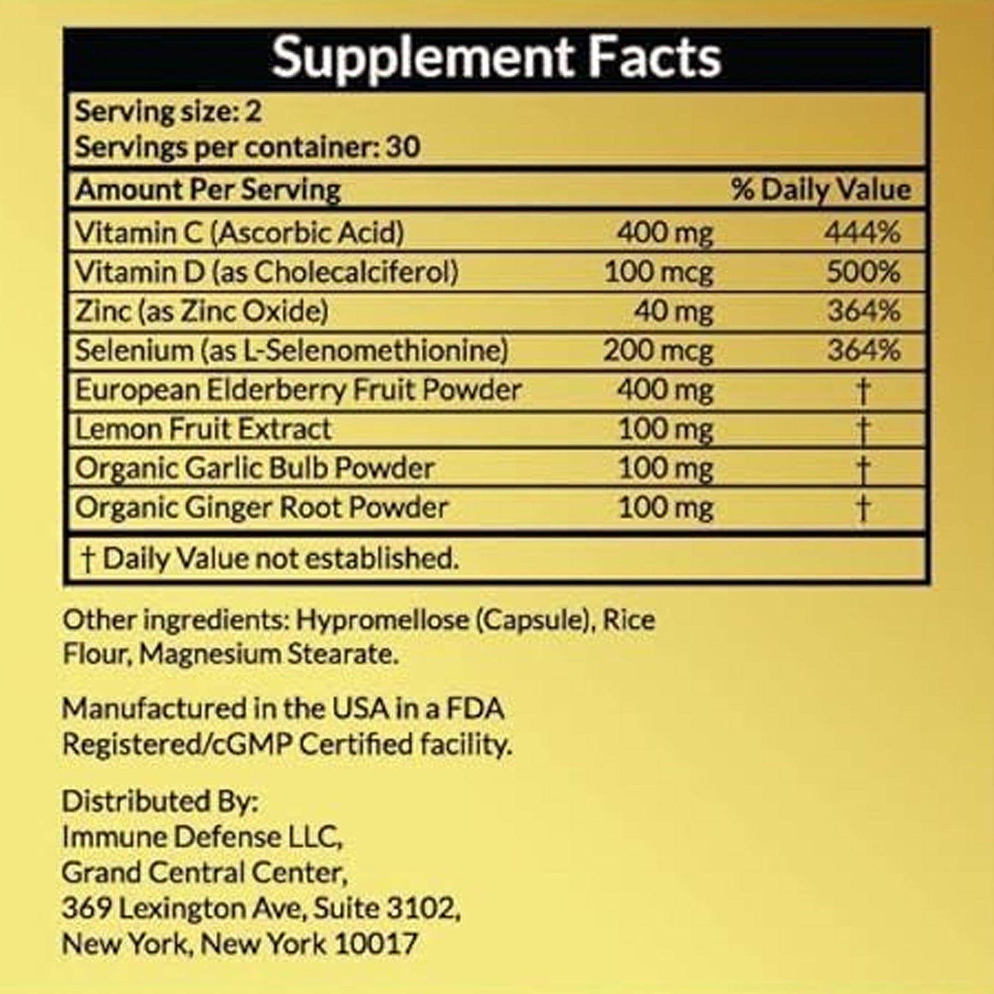 Immune Defense Immune Support Supplement with Vitamin C & Vitamin D, Garlic, Ginger, Lemon, Elderberry, Selenium & Zinc, 60 Capsules