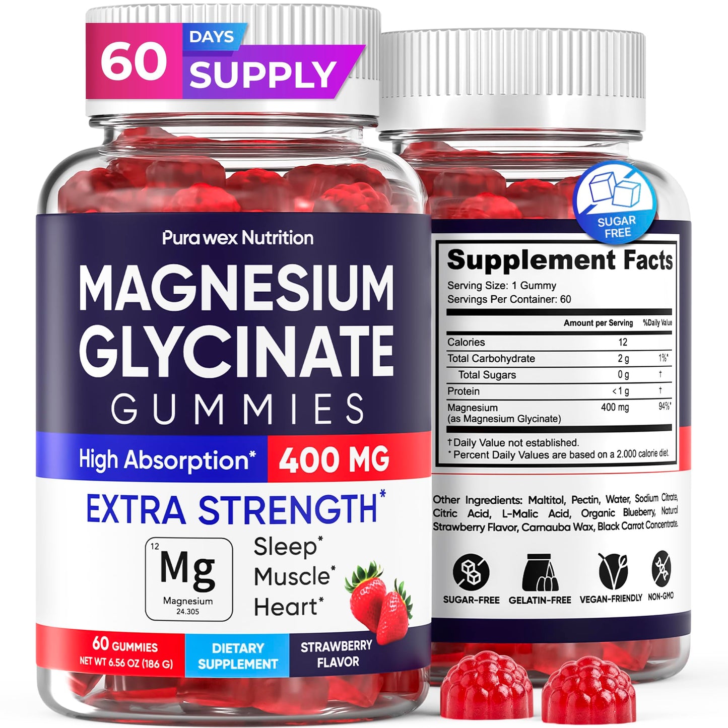 PURA WEX NUTRITION Magnesium Glycinate Gummies 400mg Extra Strength Strawberry - 60 Count