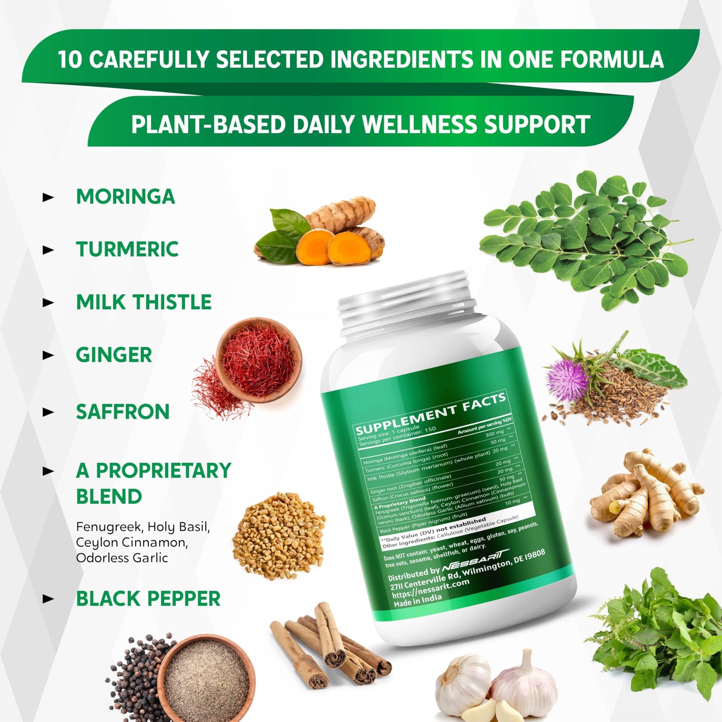 NESSARIT Moringa Supplement 10-in-1 Natural Blend with Turmeric Milk Thistle Ginger Saffron Fenugreek Holy Basil Ceylon Cinnamon Capsules, 150 Count