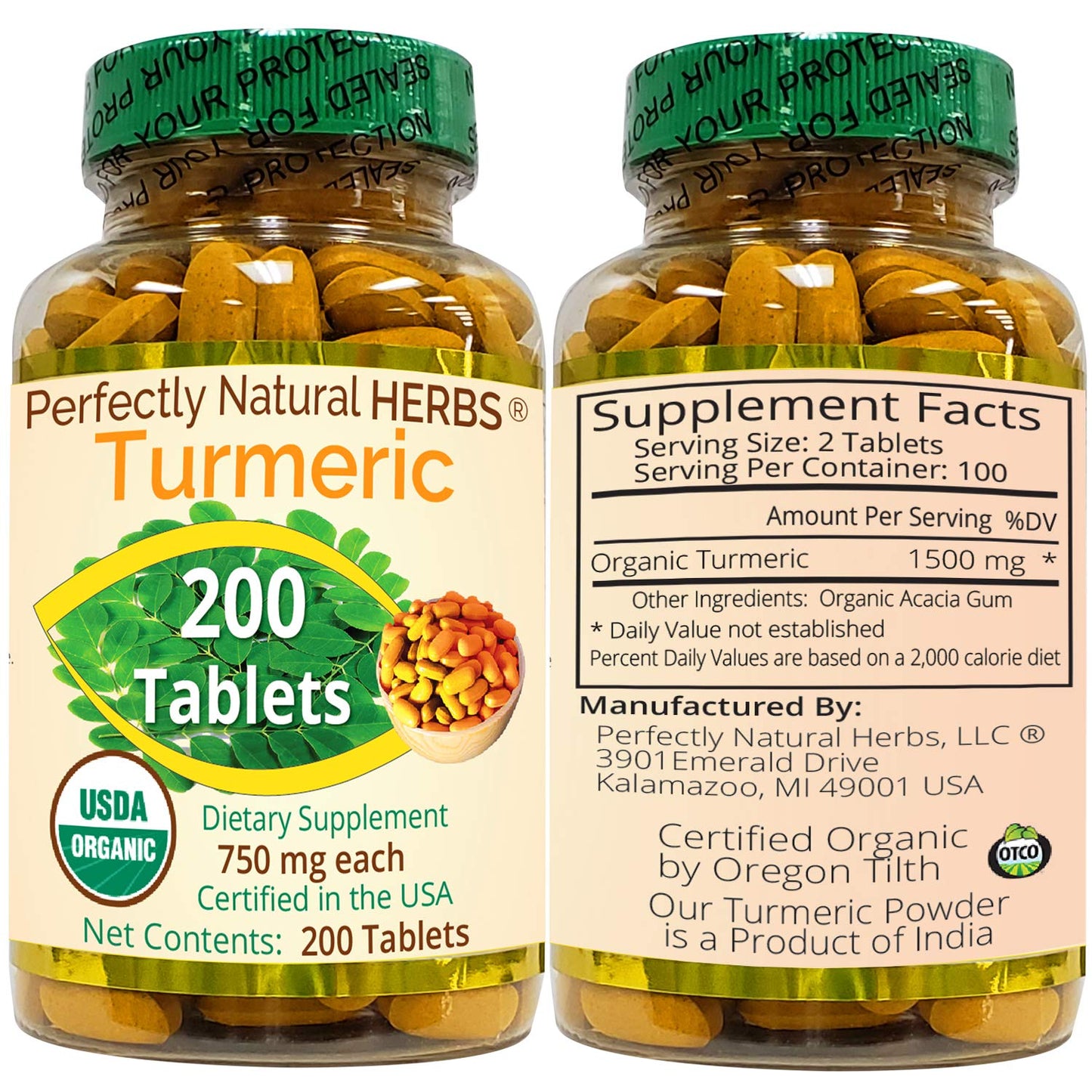 Perfectly Natural Herbs Organic Turmeric 750mg Tablets, 200 Count