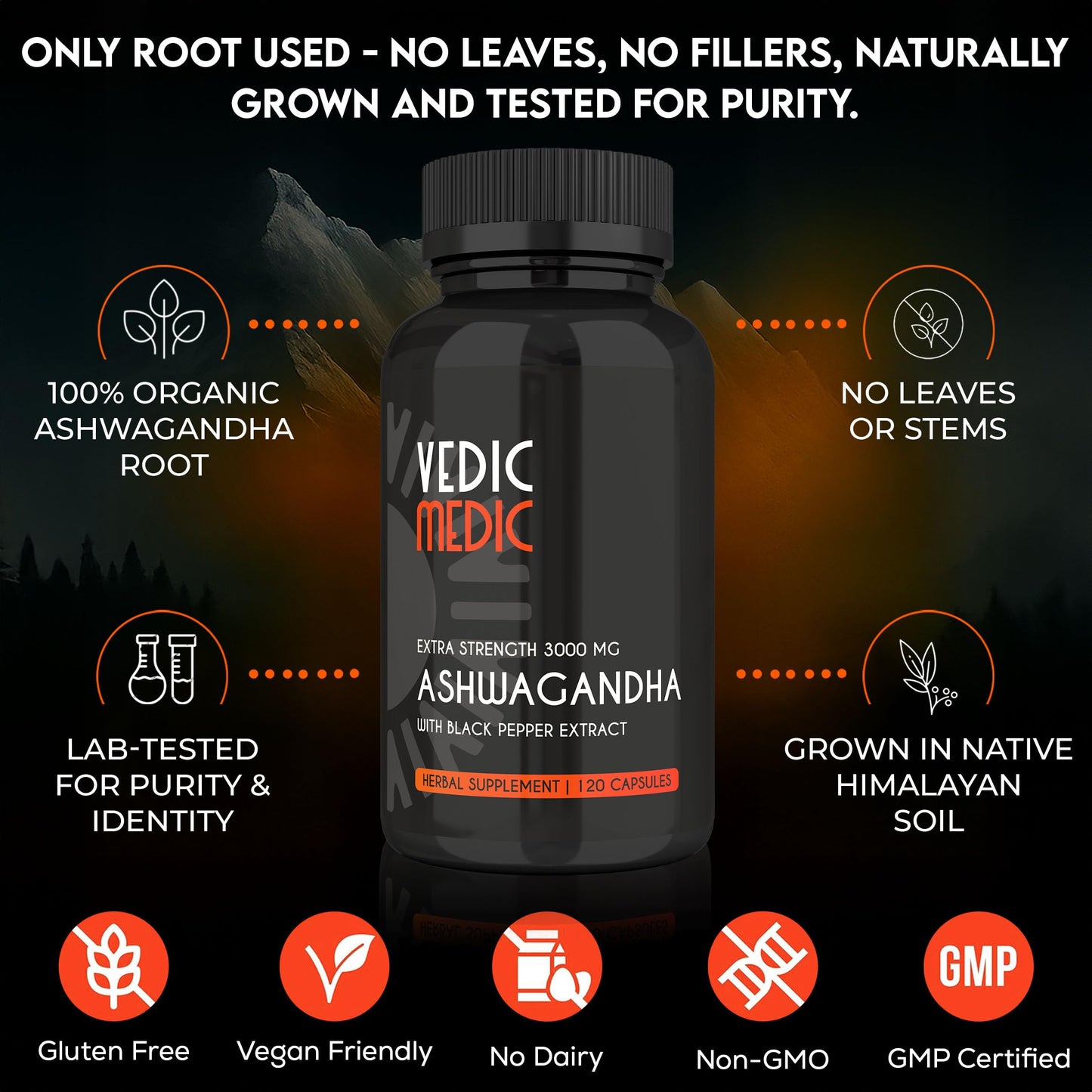 The Vedic Medic Organic Ashwagandha Capsules Extra Strength 3000mg with Black Pepper Extract, 120 Capsules