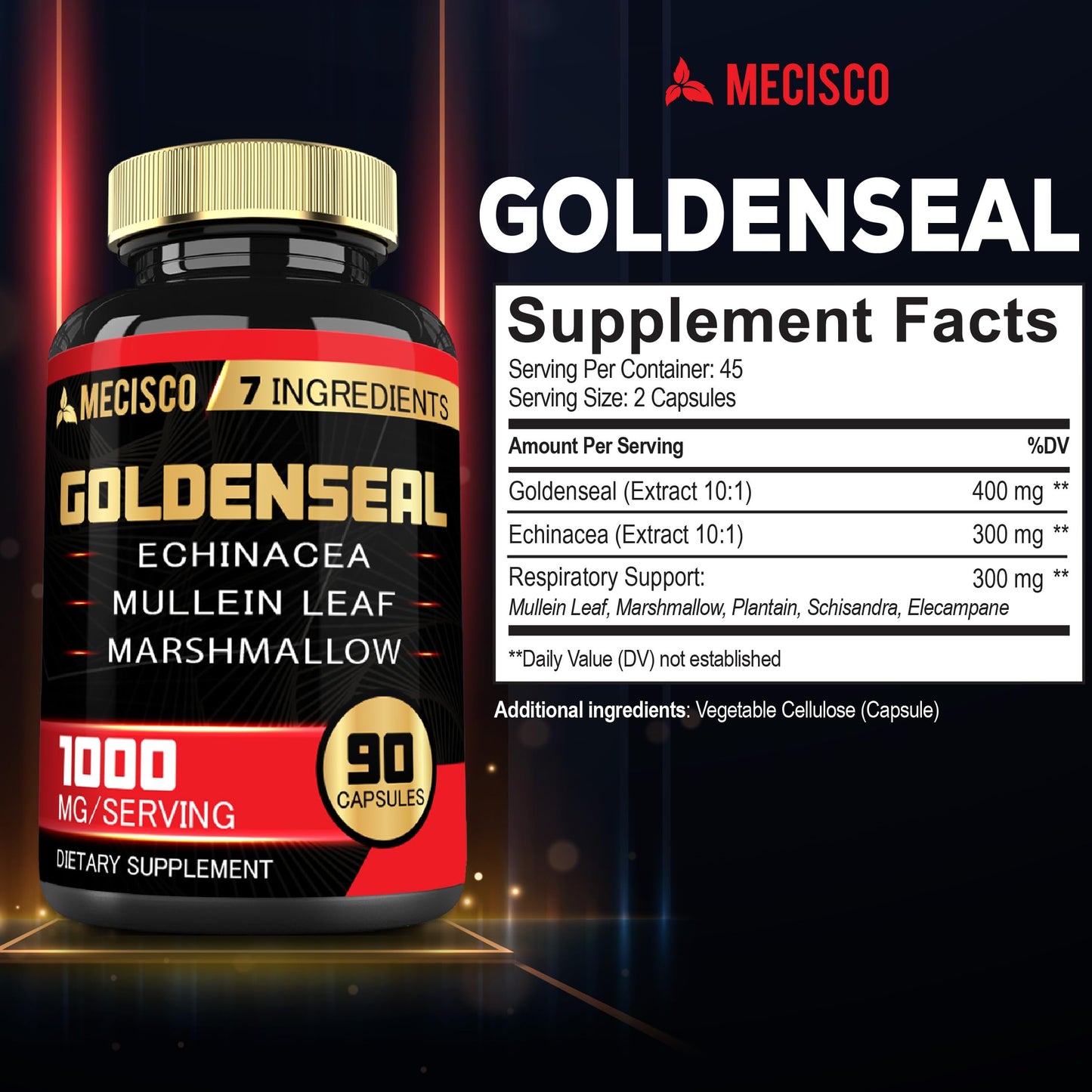 Mecisco Goldenseal Root Capsule with Echinacea, Mullein Leaf, Plantain & More, 90 Count