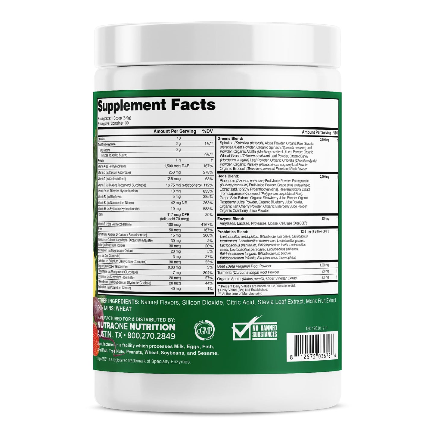 NutraOne Complete Superfoods, Greens & Reds Blend, Apple Cider Vinegar, Digestive Enzyme Blend, Probiotic Blend, Multivitamin, Powder, 9.42 oz