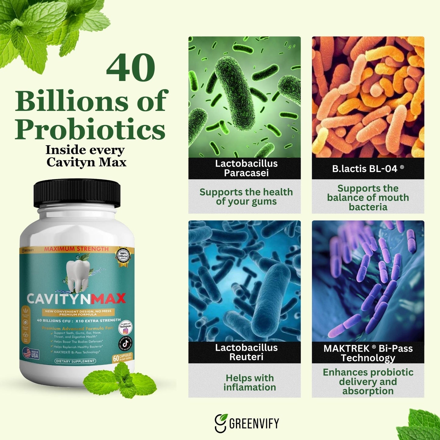 GREENVIFY Cavityn Max Probiotic Supplement Capsule, 60 Capsules