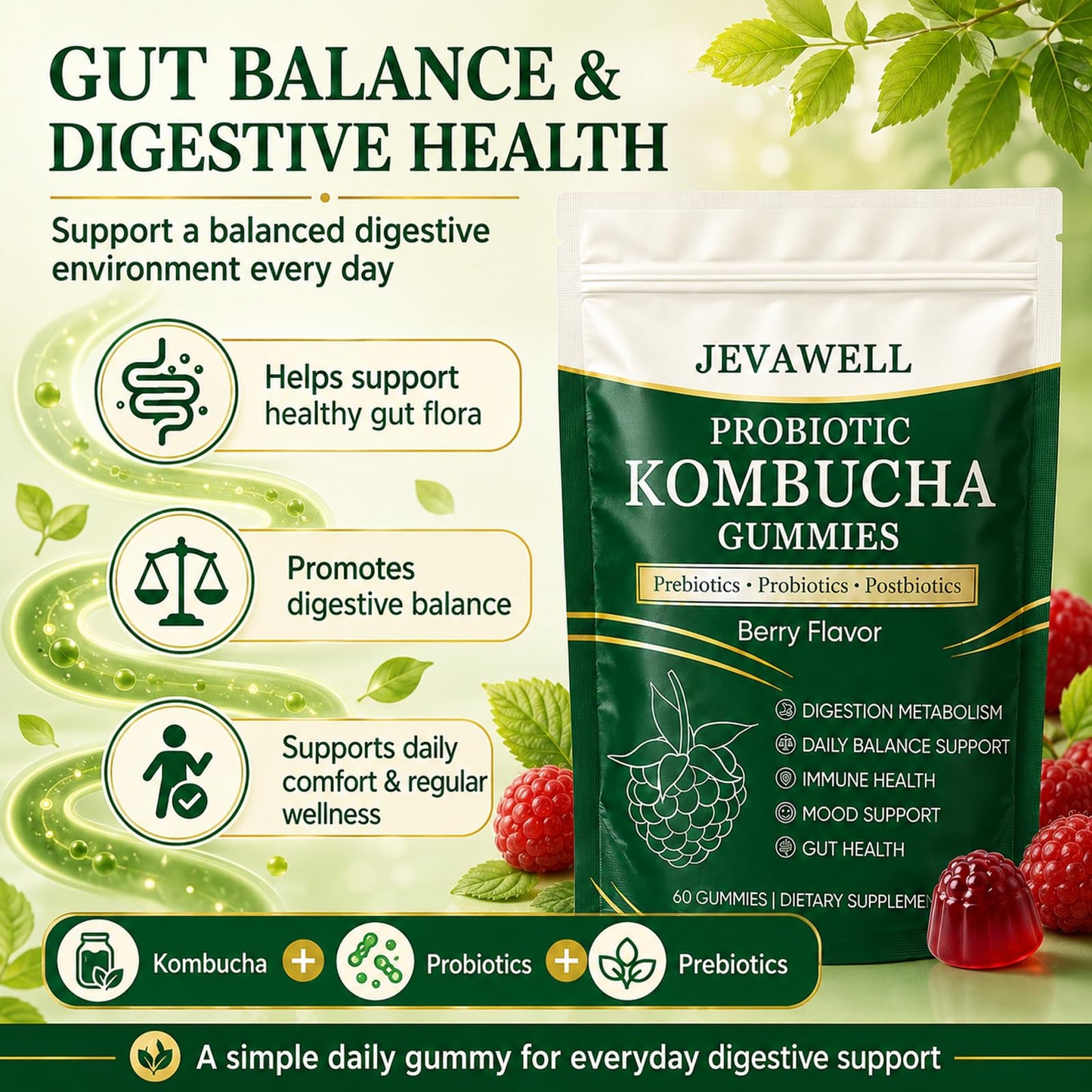 VivaMelhor Jevawell Kombucha Gummies Probiotic Digestive Health Supplement with Organic Prebiotics for Gut Health, Immune Boost, and Natural Energy – Vegan, Non-GMO, Gluten-Free, 120 Gummies (Pack of 2)