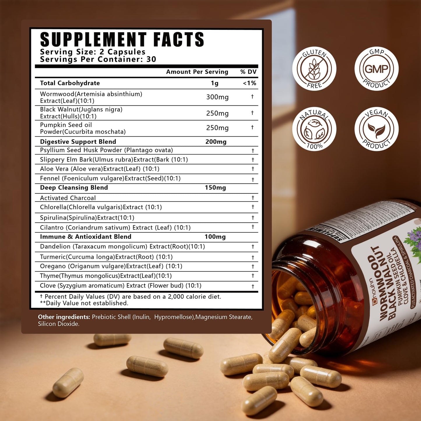 DNOUHN Wormwood Black Walnut Clove Parasite Cleanse Capsules, 60 Count