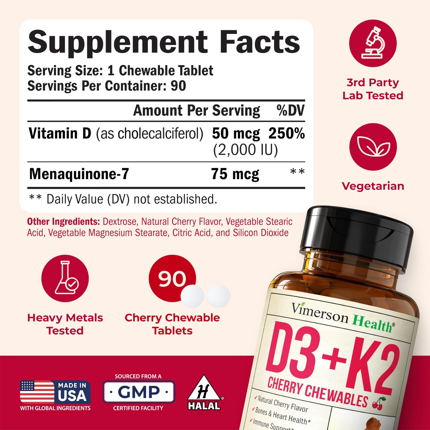 Vimerson Health Vitamin D3 K2 Supplement Chewables 90 Count
