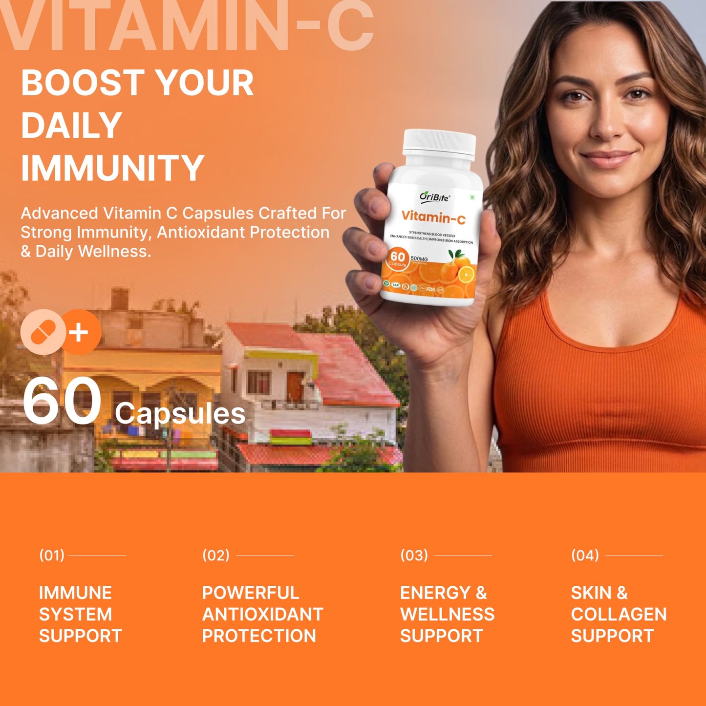ORIBITE Vitamin C 500mg with Amla, Rose Hip & Acerola Cherry – Supports Immune & Antioxidant Health, Enhances Skin, Boosts Energy & Iron Absorption – 60 Vegetarian Capsules