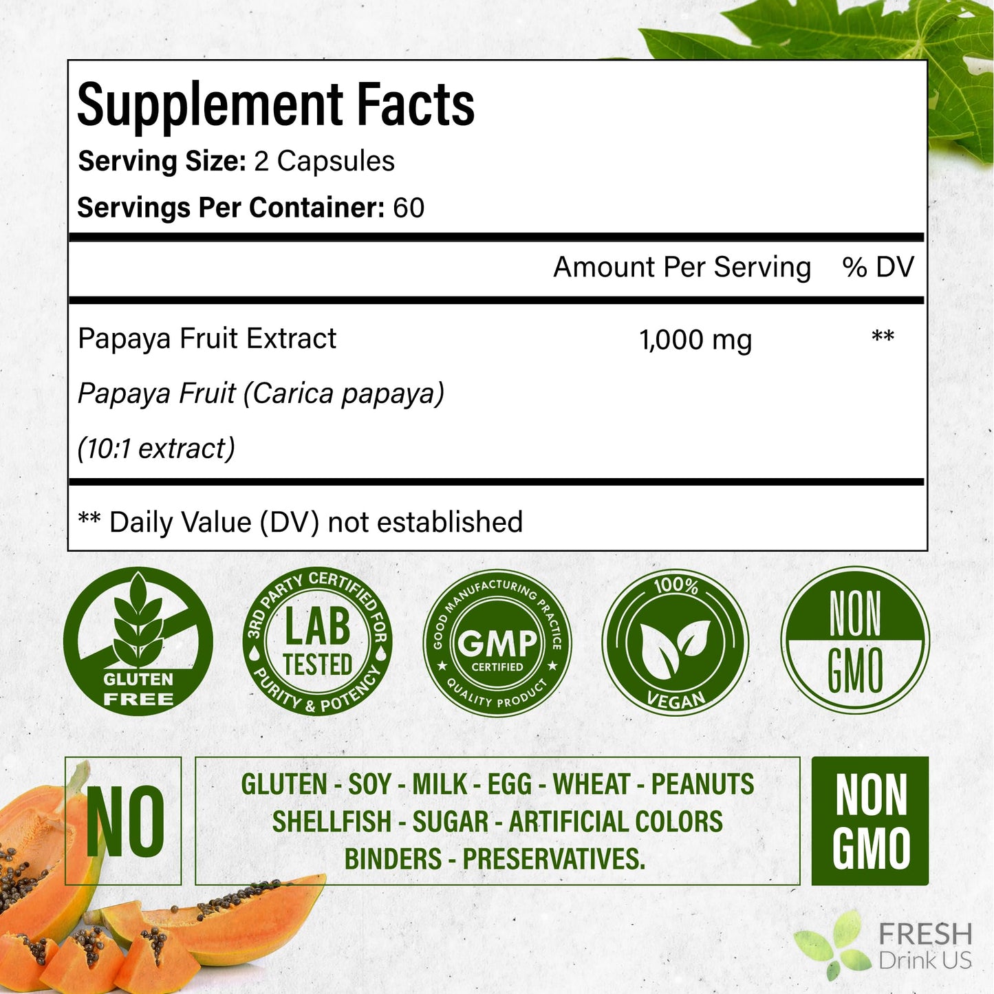 FRESHDRINKUS Papaya Fruit Extract Capsules, 120 Count