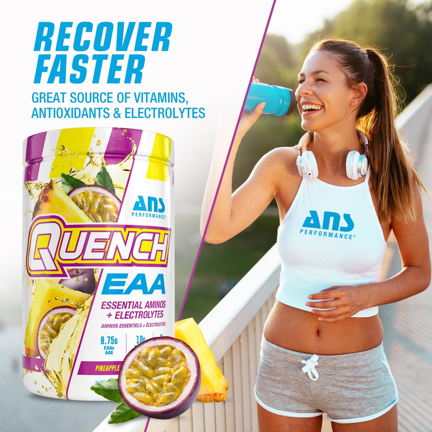 ANS Performance Quench EAA Aminos + Electrolytes Powder 14.6 Ounce Pineapple Passionfruit