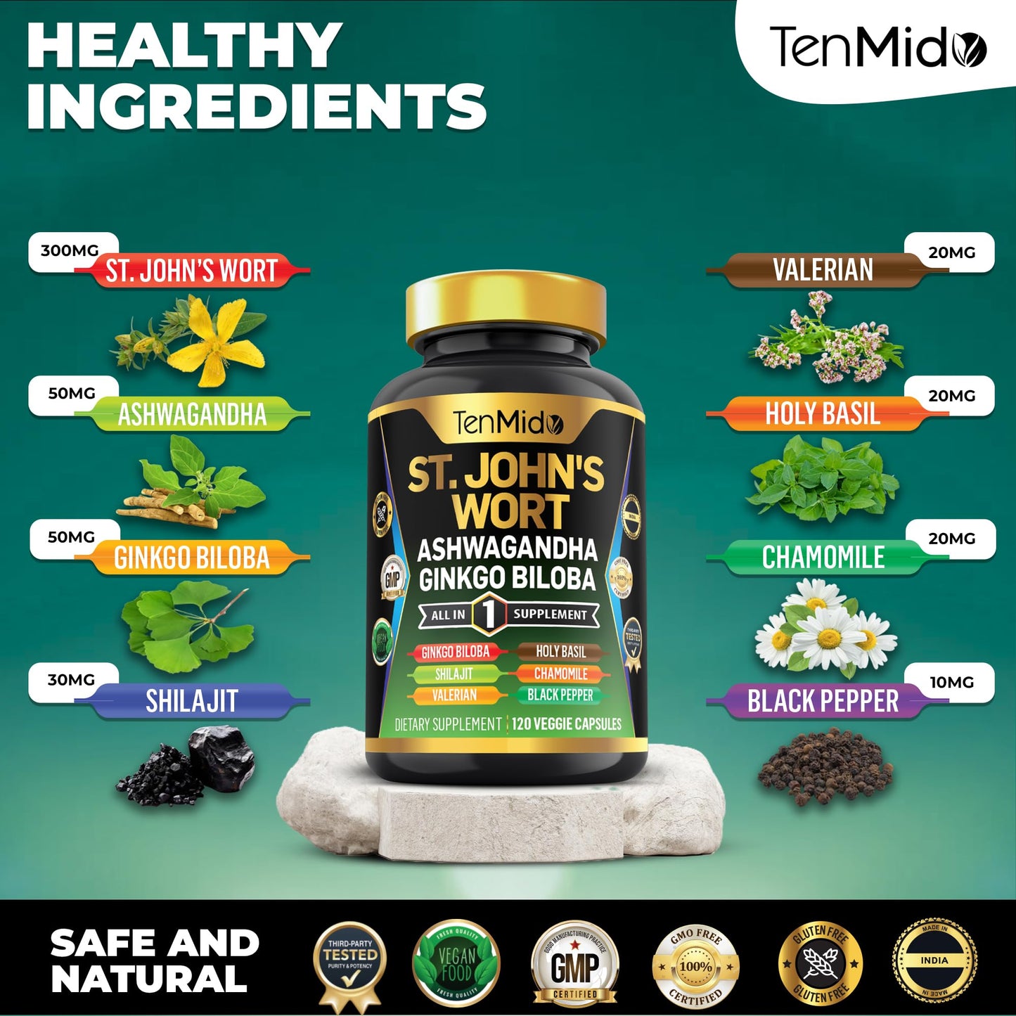 Tenmido St. John's Wort Supplement 8in1 Formula Capsules 120