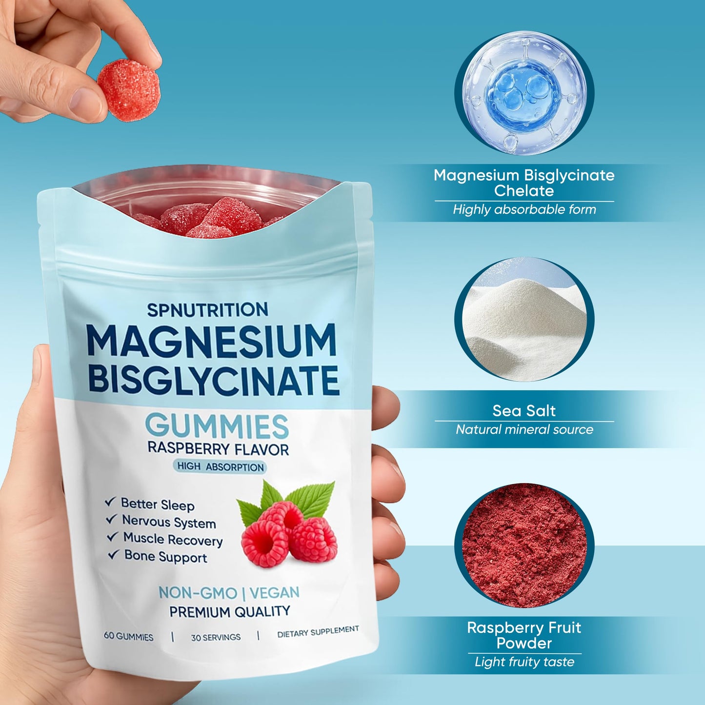 KOVGOCY Spnutrition Magnesium Bisglycinate Gummies, 60 Gummies