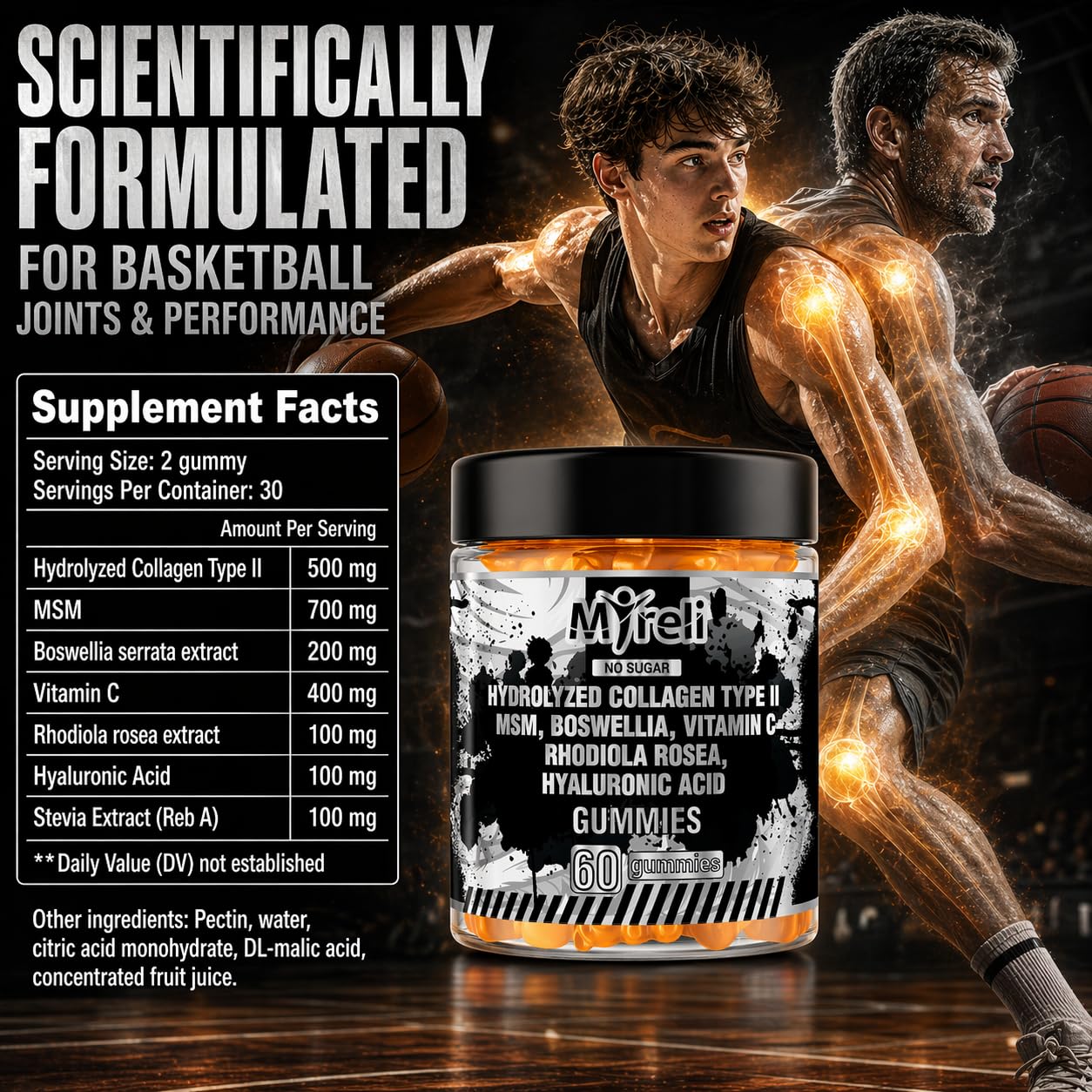MYRELI Hydrolyzed Collagen Type II 500mg, MSM 700mg, Boswellia 200mg, Vitamin C 400mg, Rhodiola 100mg, Hyaluronic Acid 100mg, Joint Mobility & Flexibility Gummies, Vegan, Non-GMO, 60 Gummies