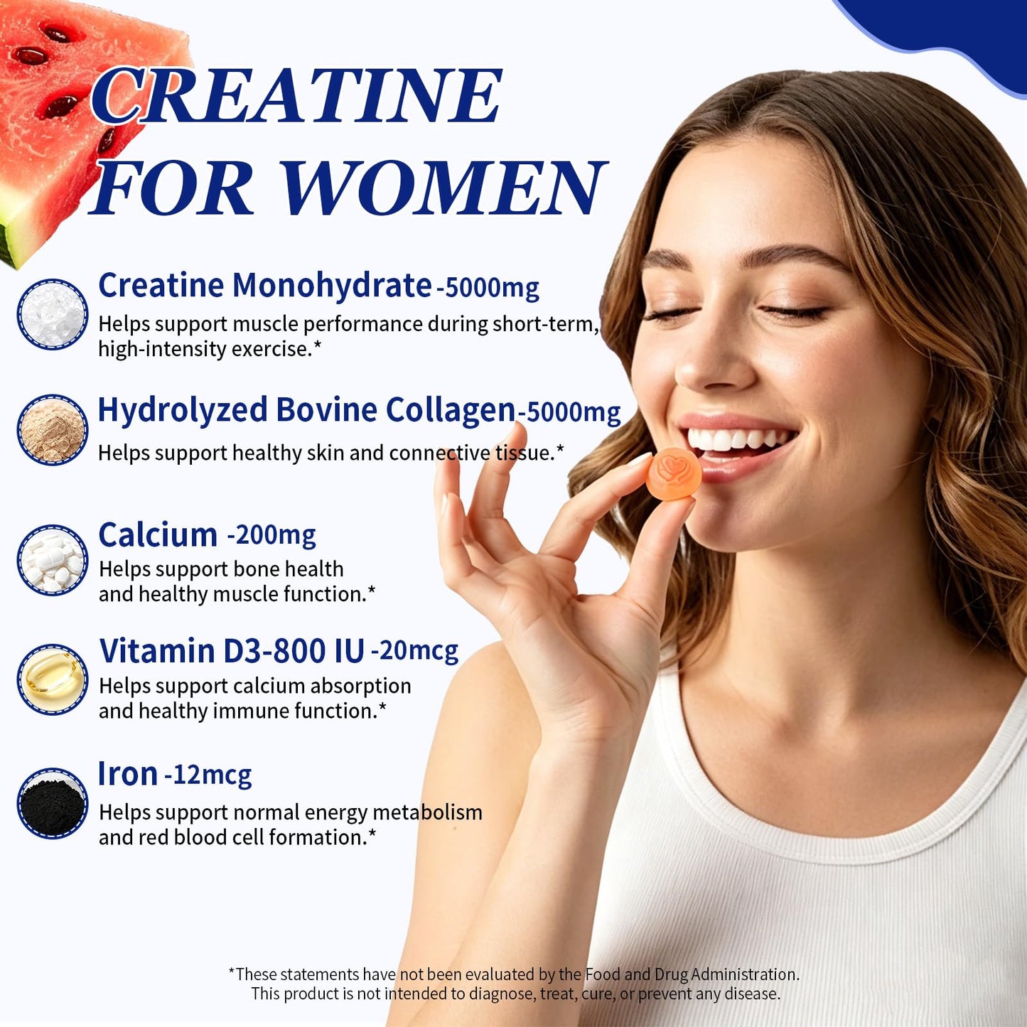 HUXINSK Creatine for Women, Creatine Monohydrate Gummies with Collagen, Calcium, Vitamin D3 for Booty, Energy & Strength, Watermelon Flavor, 100 Gummies