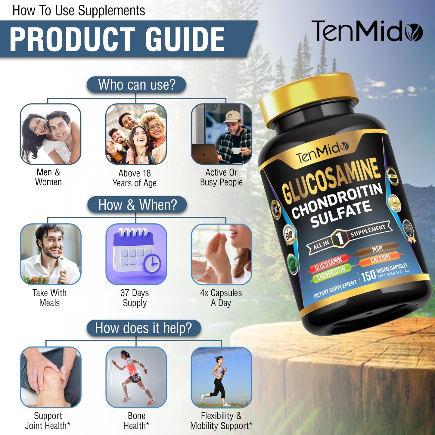Tenmido Glucosamine Chondroitin MSM Supplement Capsules, 150 Count