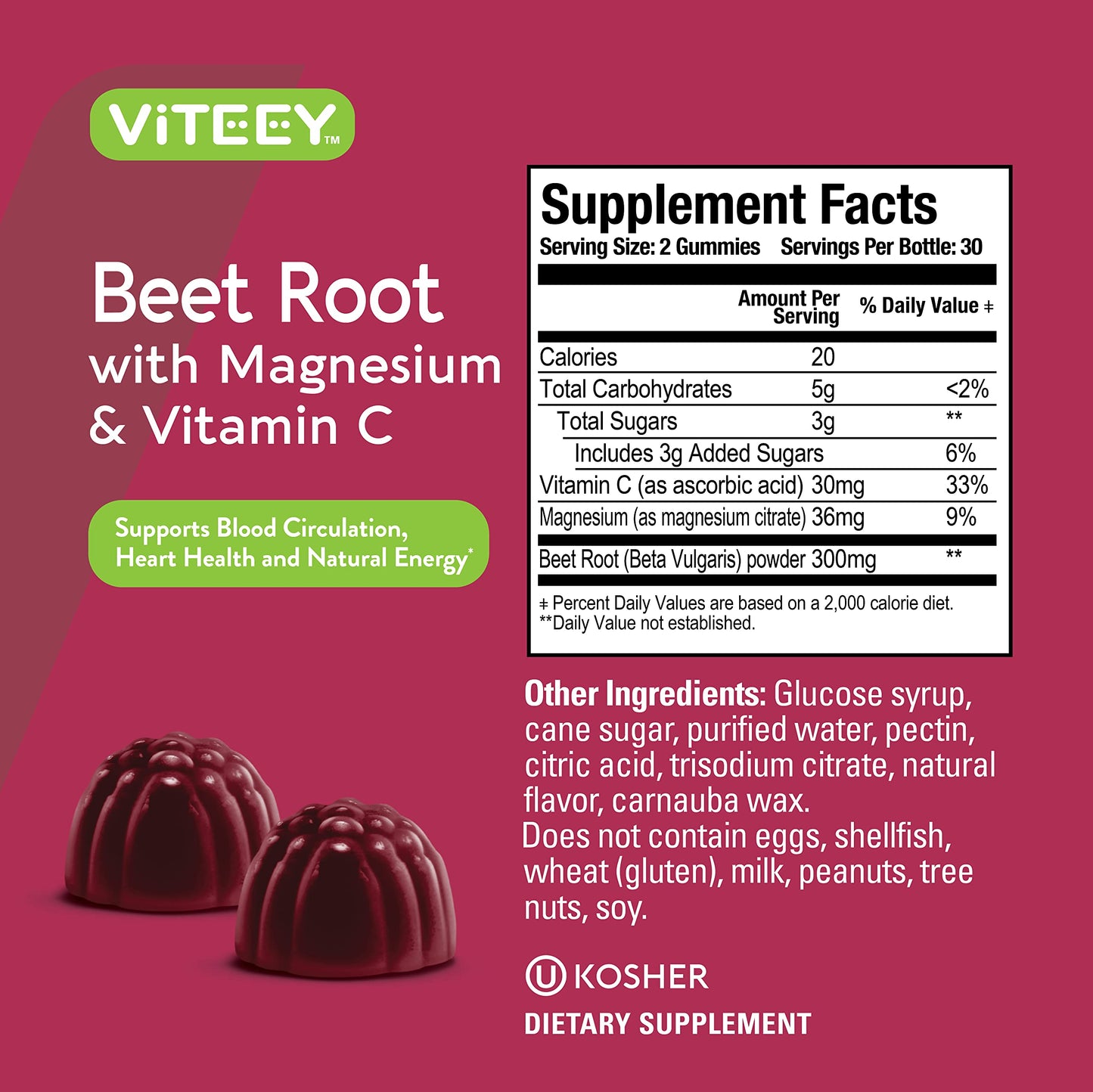 Viteey Beet Root Gummies with Magnesium & Vitamin C, 60 Gummies