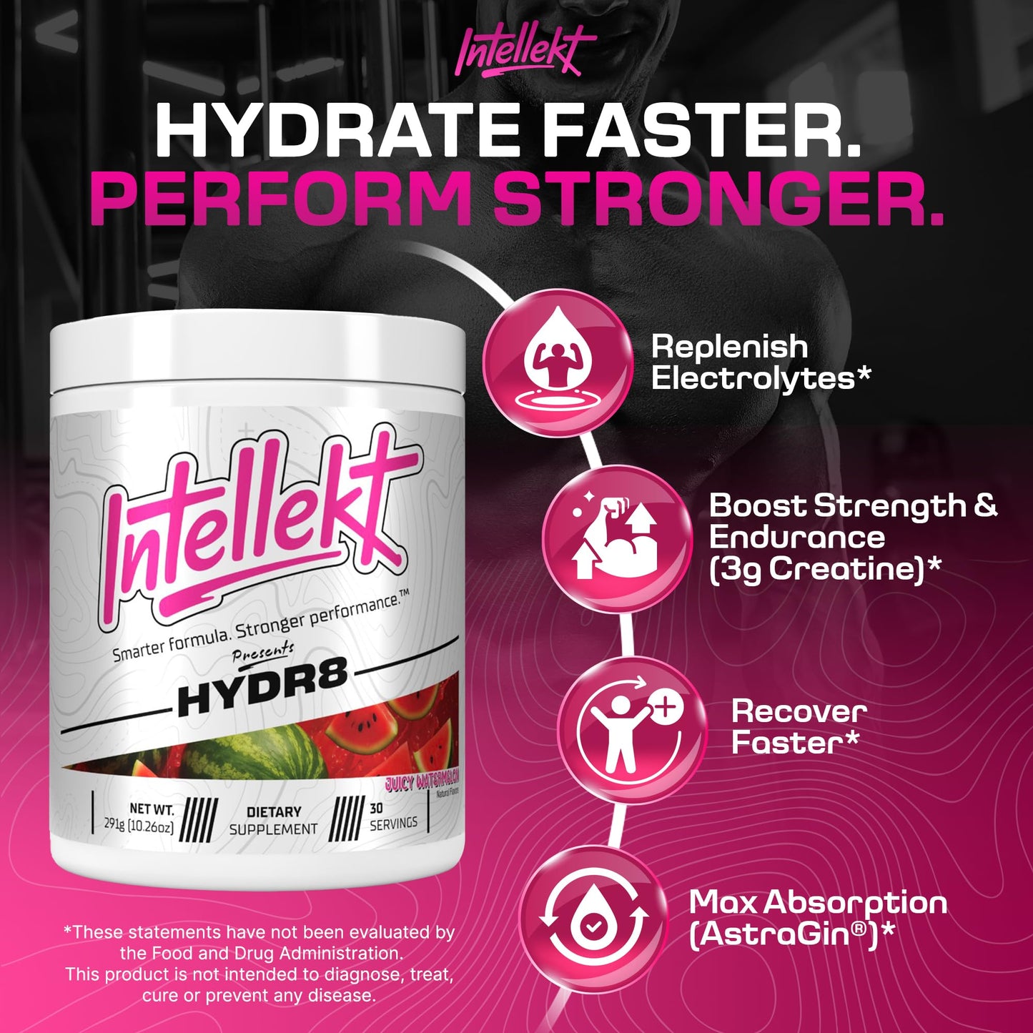 INTELLEKT LIFESTYLE HYDR8 Electrolytes + Creatine Powder, Juicy Watermelon, 30 Servings, 10.26 oz