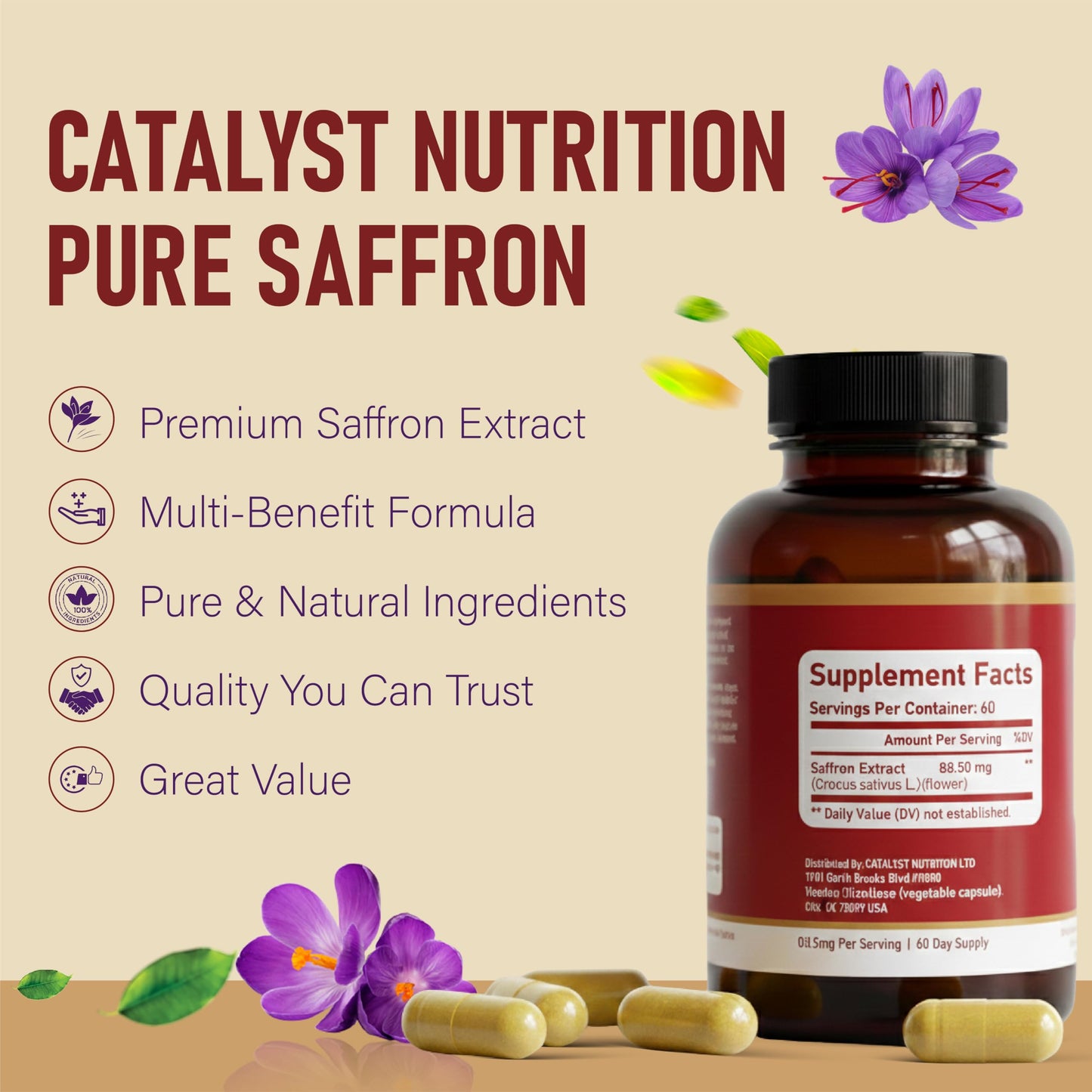 Catalyst Nutrition Pure Saffron Extract Capsules, 60 Capsules