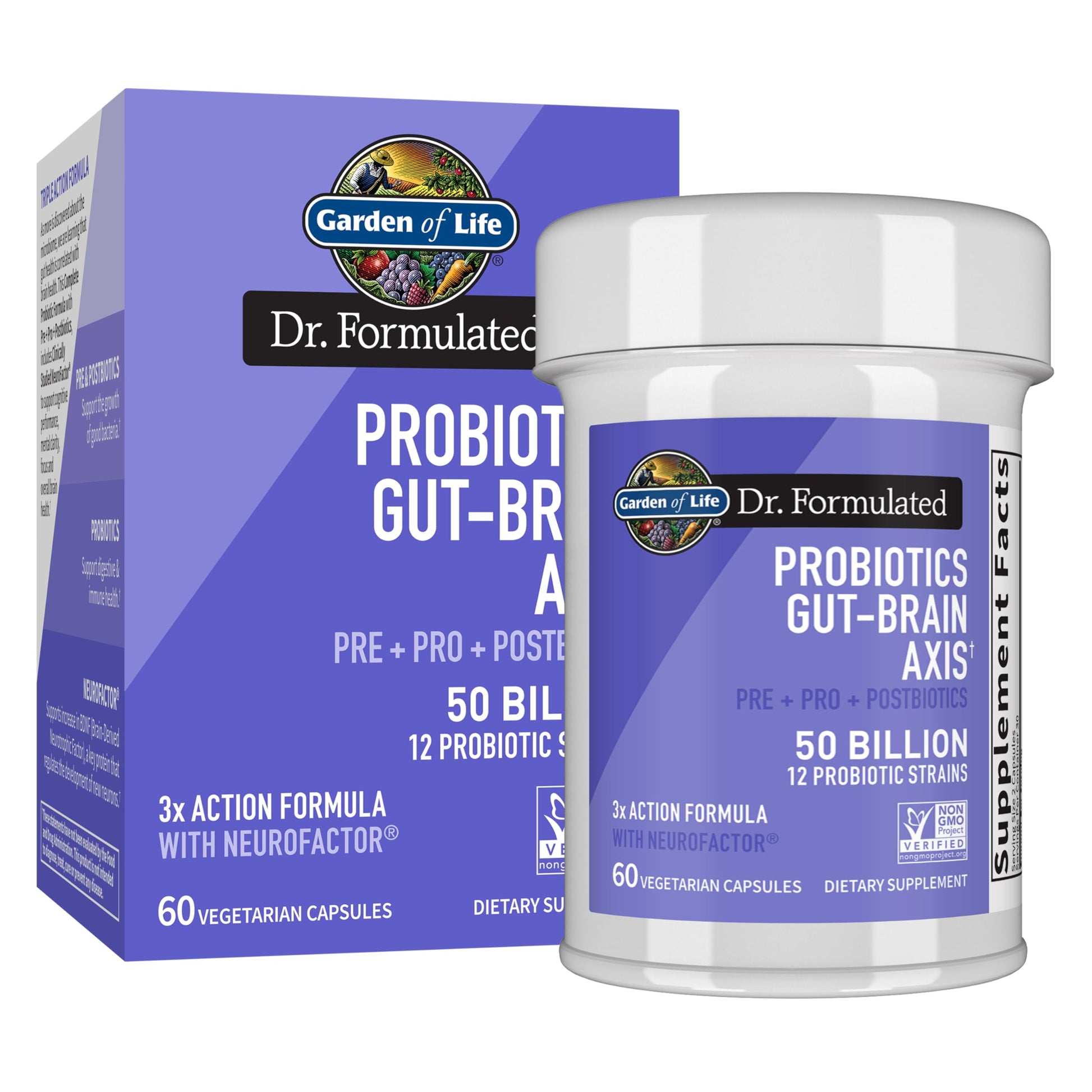 Garden of Life Dr. Formulated Gut Brain Axis Microbiome Probiotics with Pre, Pro & Postbiotics – Brain Health, Digestive Health, Non-GMO, Gluten-Free, 60 Vegetarian Capsules