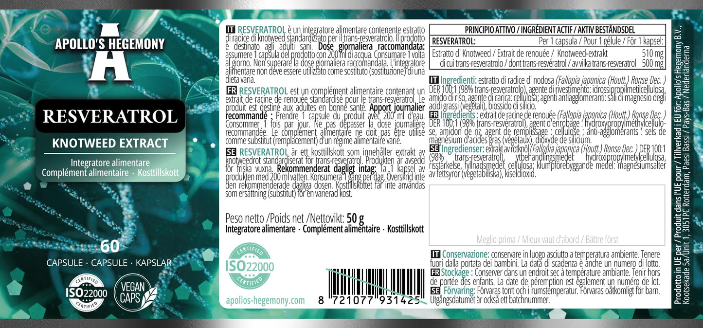 APOLLO'S HEGEMONY Resveratrol High Dose 400 mg Capsules, 60 Count