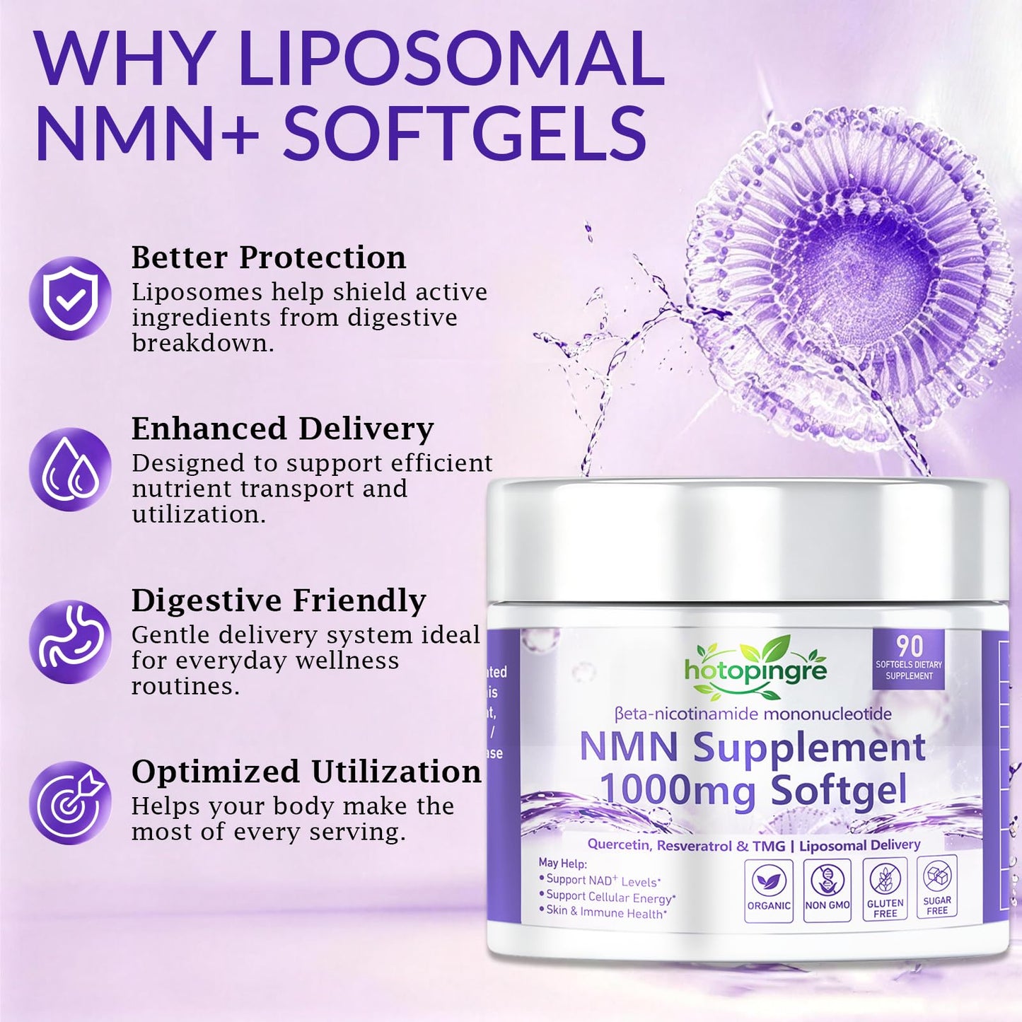 Hotopingre NMN Supplement Softgels 4-in-1 NMN Beta 1000mg with Quercetin TMG Resveratrol Astaxanthin for Anti-Aging Energy & Immune Support, NMNH Liposomal High Absorption, 90 Softgels