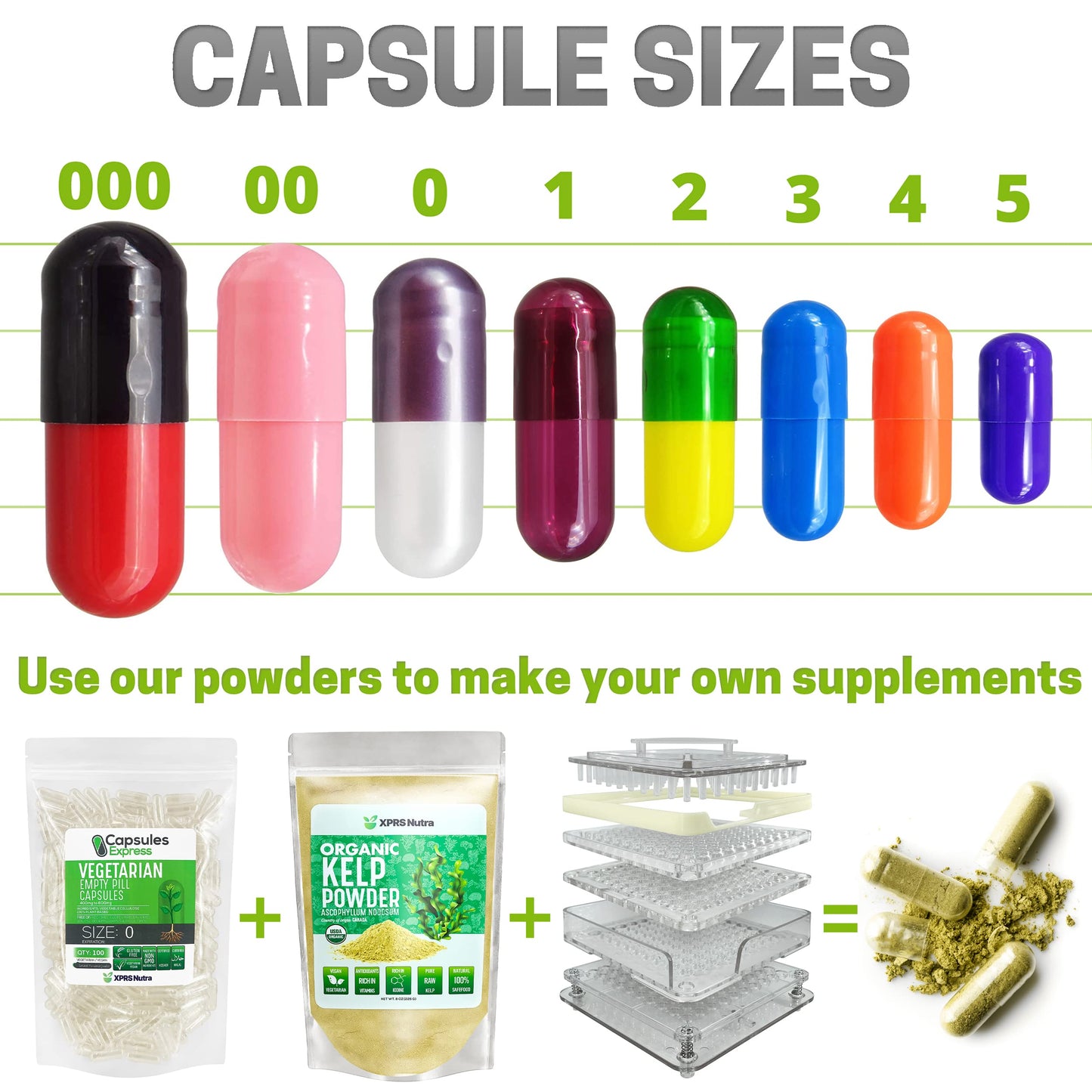 XPRS Nutra Empty Capsules - Size 00 - 1000 Count - Sage Green, Vegan