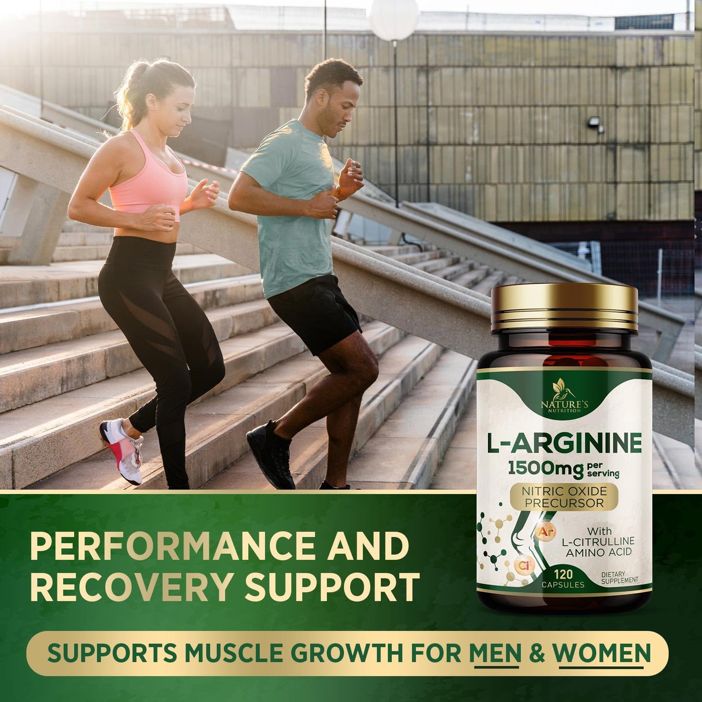 Nature's Nutrition L-Arginine Extra Strength Supplement with L-Citrulline - Muscle Supporting Natural Nitric Oxide Precursor Booster - Heart Health Support - Amino Acid Energy Blend for Men, 120 Capsules