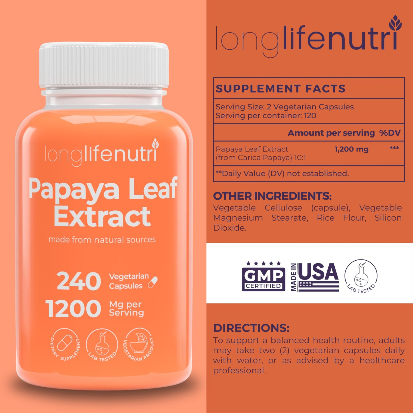 LongLifeNutri Papaya Leaf Extract Supplement 1,200mg per Serving Capsules 240