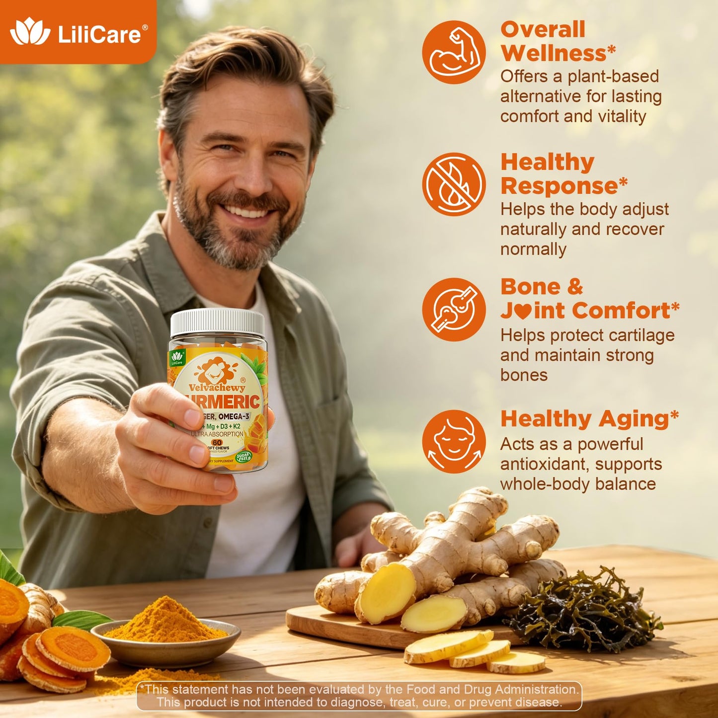 LILICARE Liposomal Turmeric and Ginger Supplement + Omega 3 Gummies Chews 60