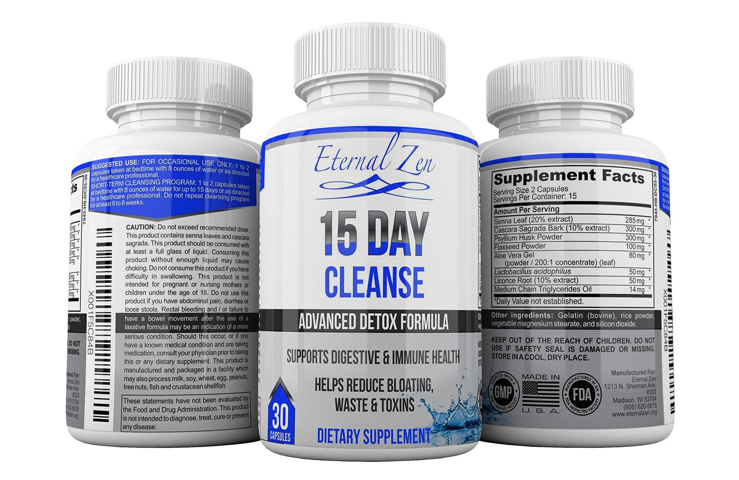 Eternal Zen 15 Day Colon Cleanser Detox with Extra Strength Herbs, Senna is a Fast Acting Natural Laxative for Constipation Relief - Whole Body Cleanse Capsules, 30 Count