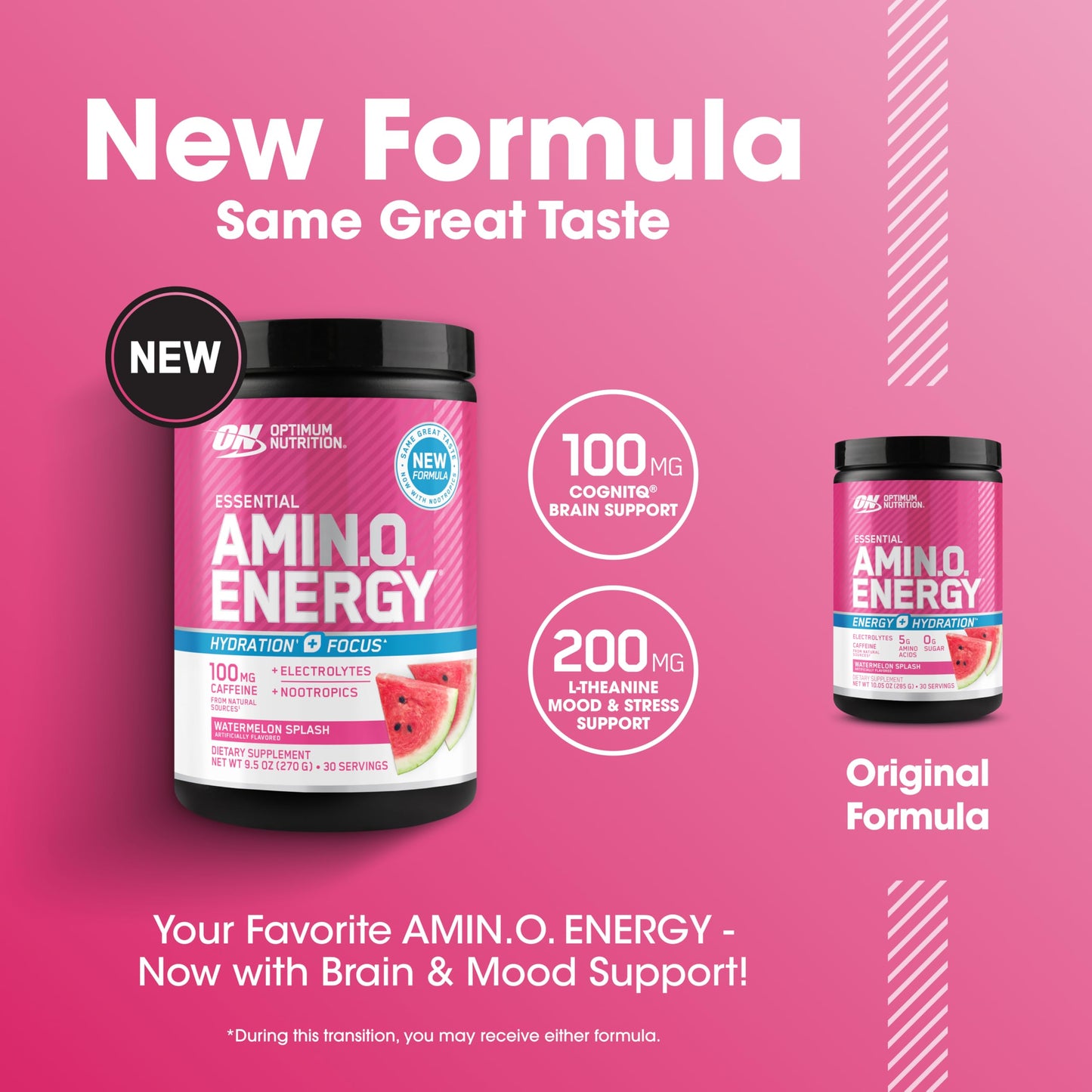 Optimum Nutrition Amino Energy Powder Plus Focus Watermelon Flavor, 9.5 Ounce, 30 Servings
