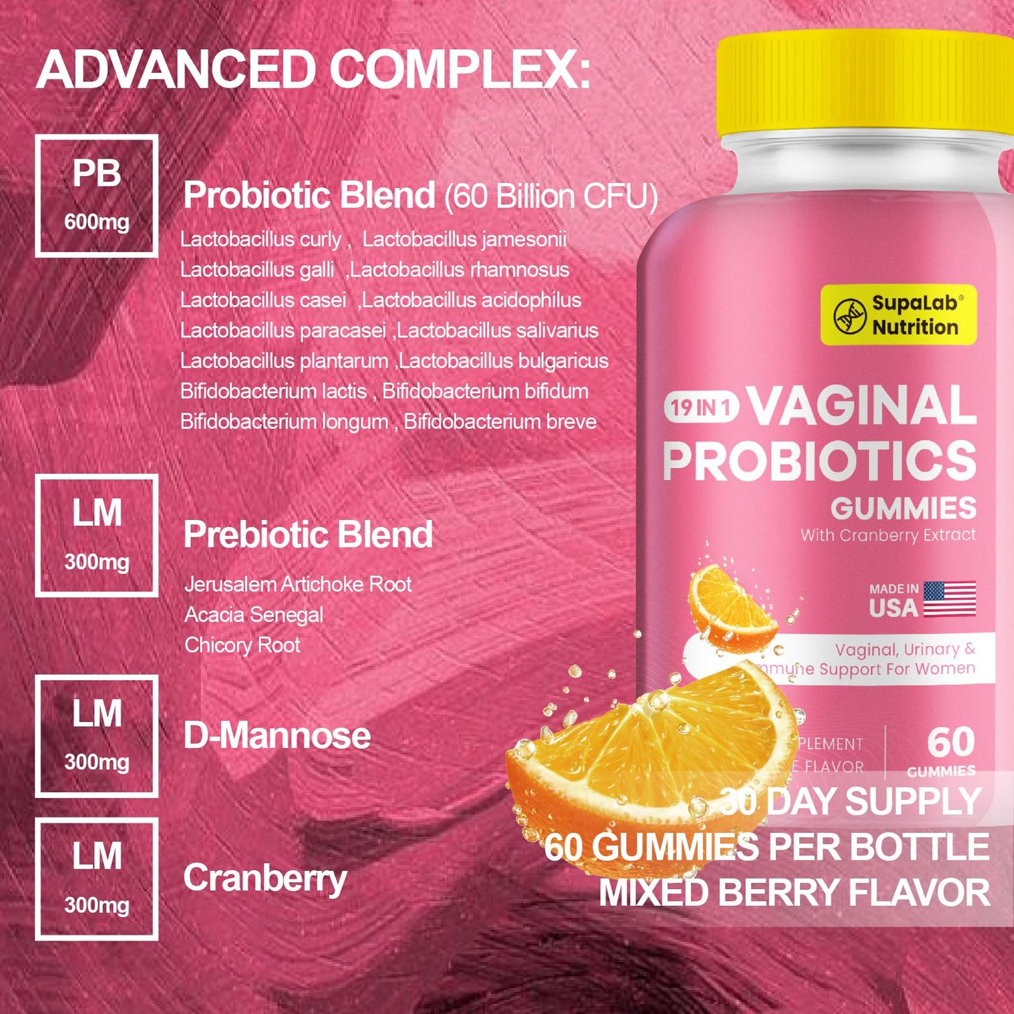 MEGNETA Vaginal Probiotics for Women, Vaginal Health, Odor Control and pH Balance, Female Intimate Probiotics with Cranberry Gummy, 60 Count