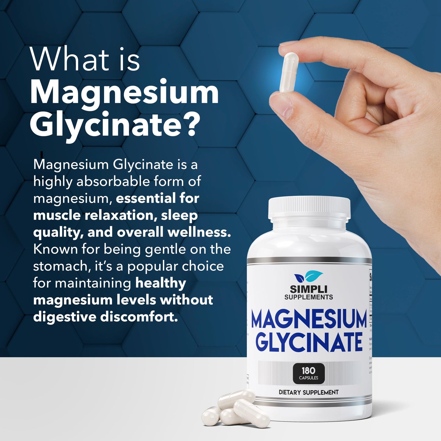 Simpli Supplements Magnesium Glycinate 400mg Capsule, High Absorption, Gentle on Stomach, Supports Sleep, Relaxation, Muscle, Bone & Immune Health, Non-GMO, Vegan, 180 Capsules