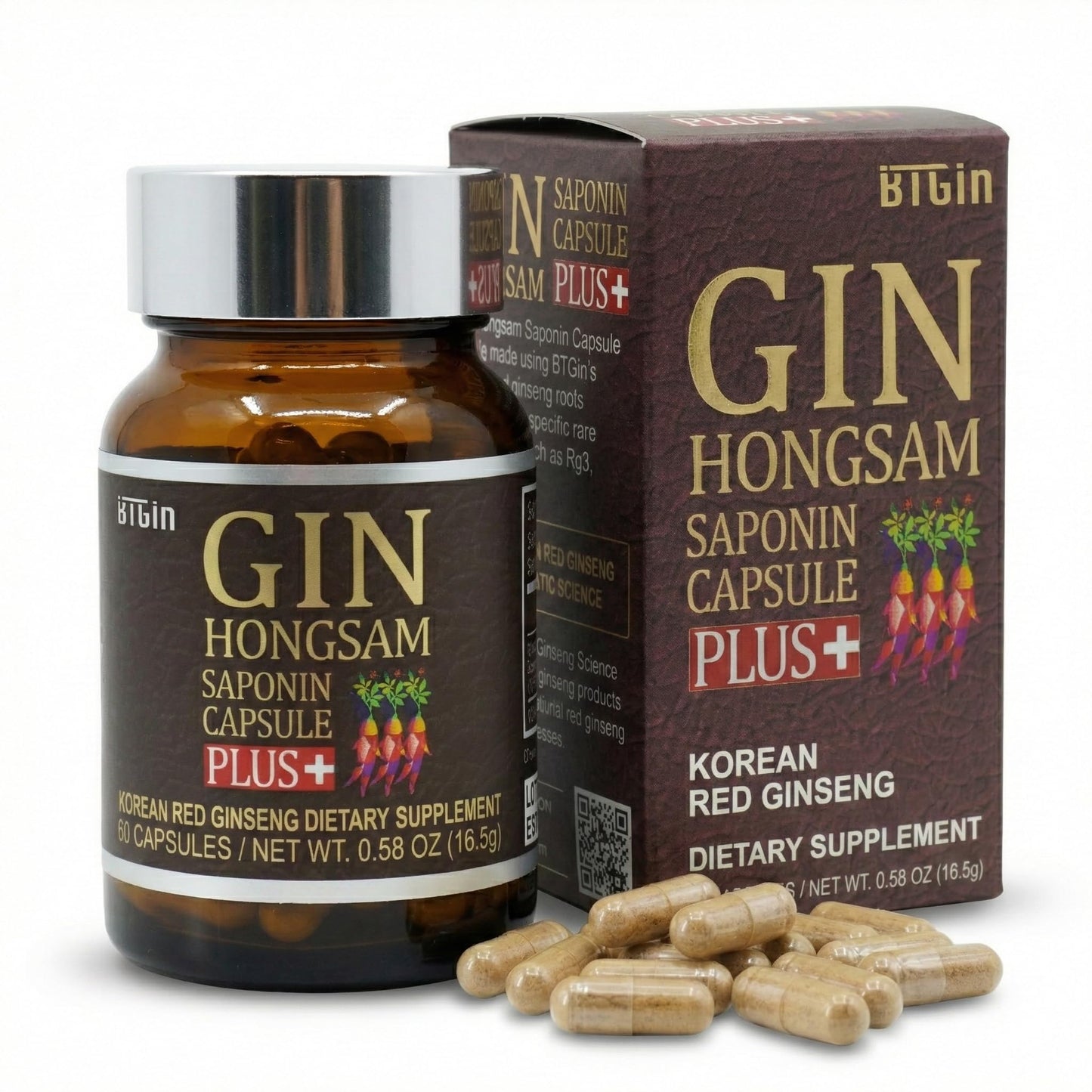 BTGIN Gin Hongsam Saponin Capsule Plus Korean Red Panax Ginseng Extract - High Rg3 & Compound K Supplement - Caffeine Free Extra Strength Energy, Focus & Immune Support - 60 Capsules