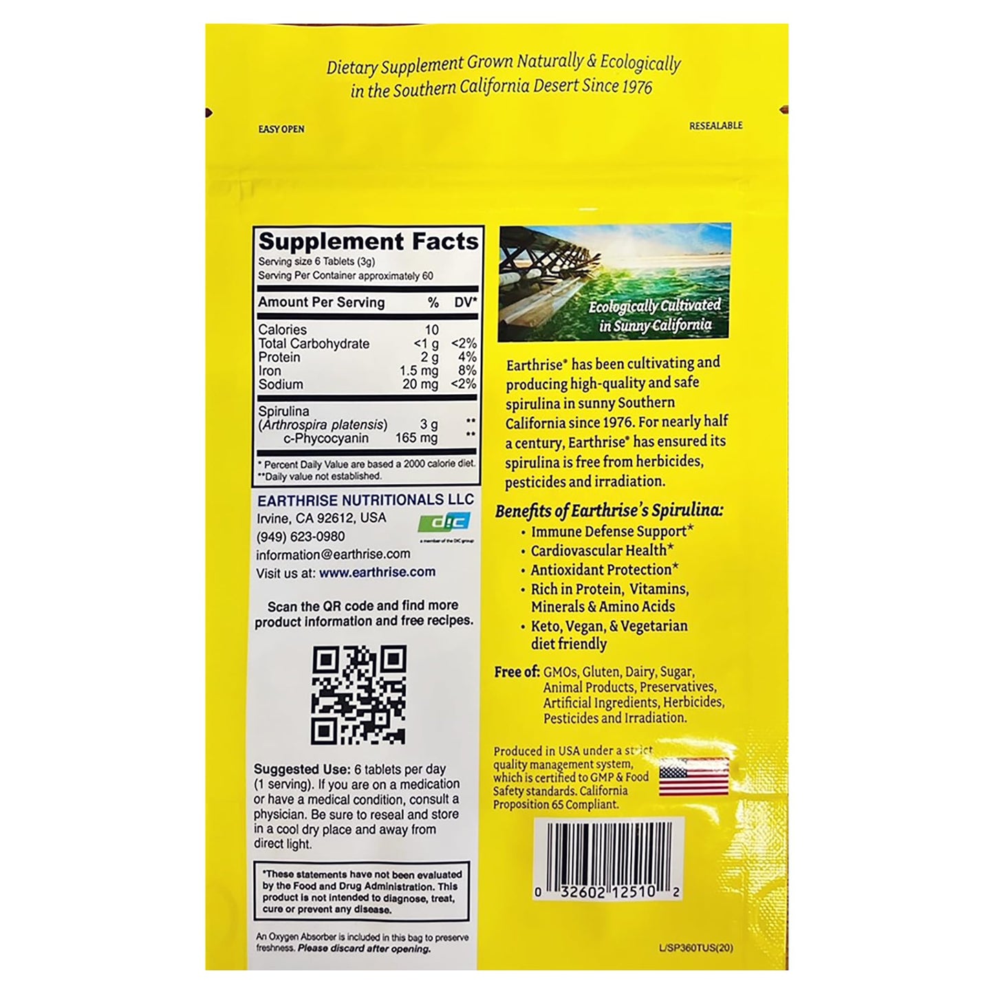 Earthrise Superfood California Spirulina 500mg Tablets, 360 Count