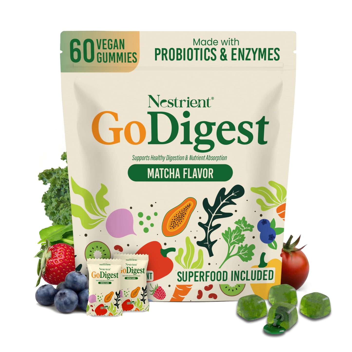 Nestrient GoDigest Probiotics & Digestive Enzymes Gummy, Matcha, 60 Count
