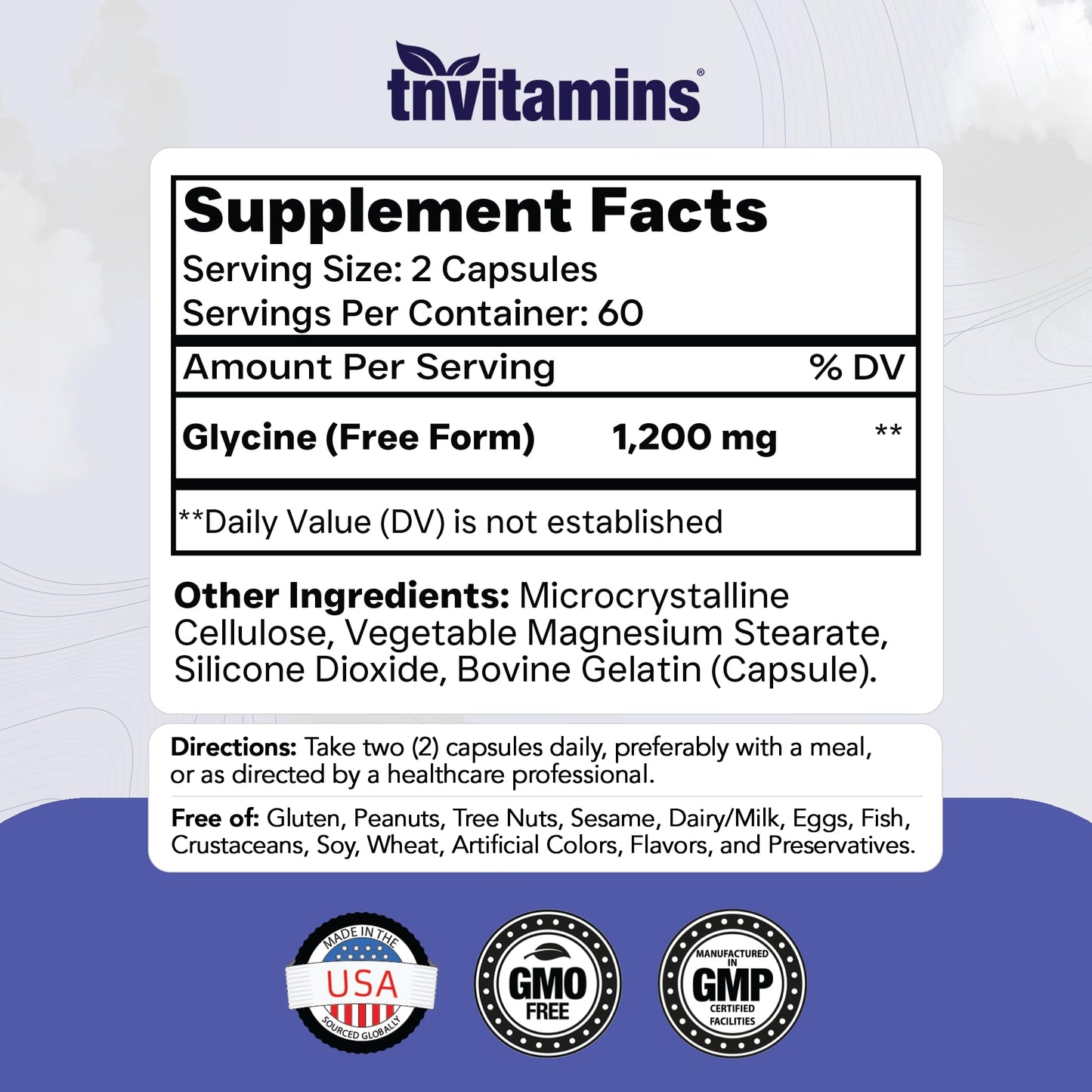 tnvitamins Glycine 1200mg Capsules, 120 Count