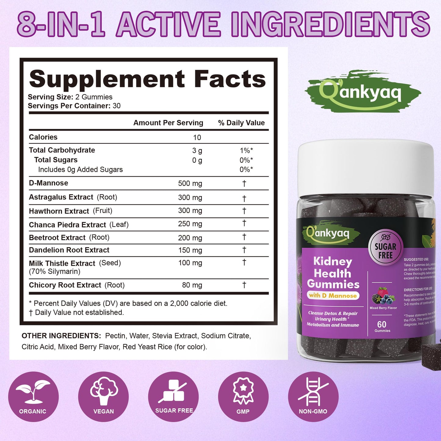 Q'ankyaq Kidney Cleanse Detox & Repair D-Mannose Gummies for Women, Urinary Health & Kidney Stone Support, 60 Gummies