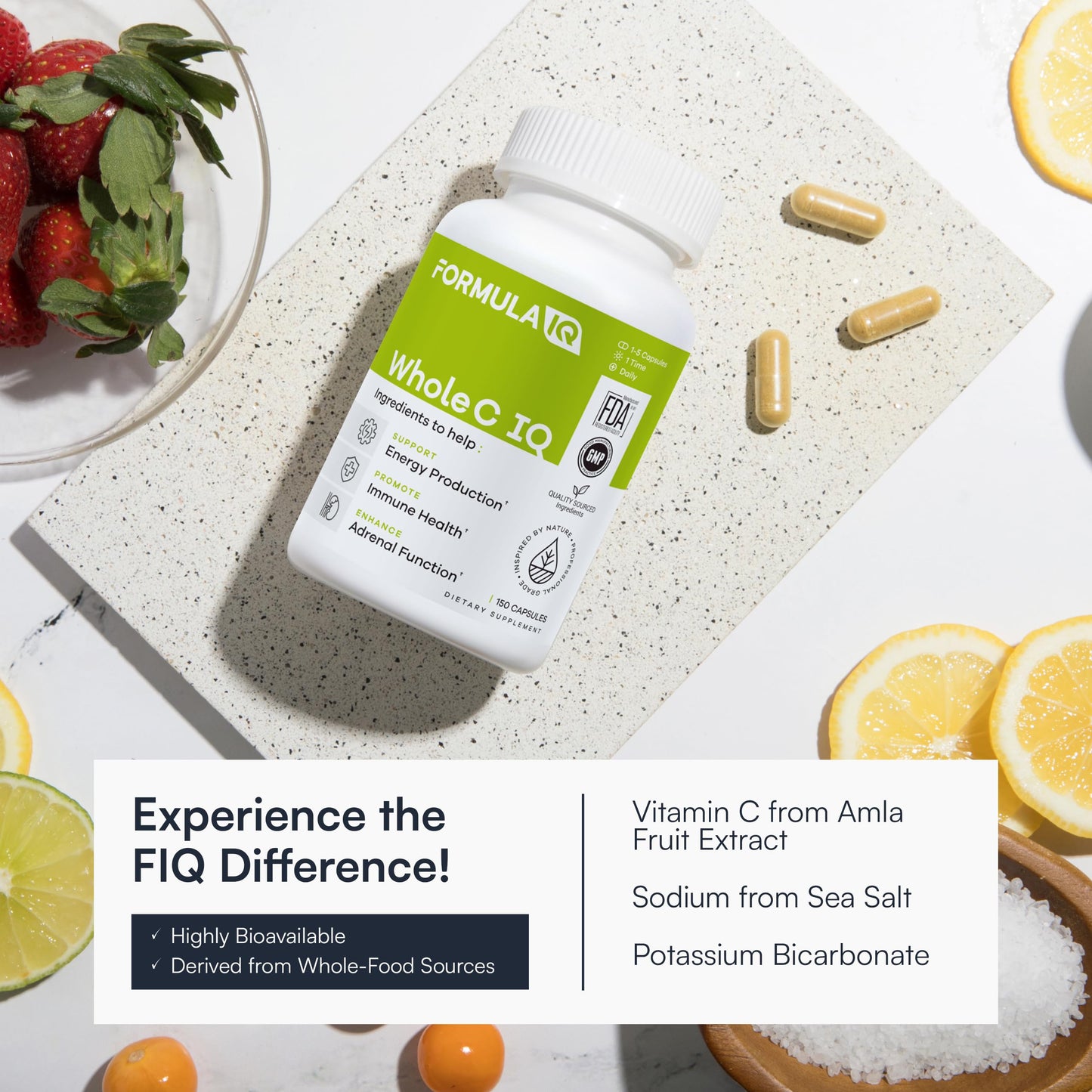 FIQ Formula IQ Whole C IQ Natural Vitamin C Supplements with Amla Fruit Extract, Iron, Energy, & Immune Support from Whole Food Sources, High Absorption Vitamin C Capsules, 90 Capsules