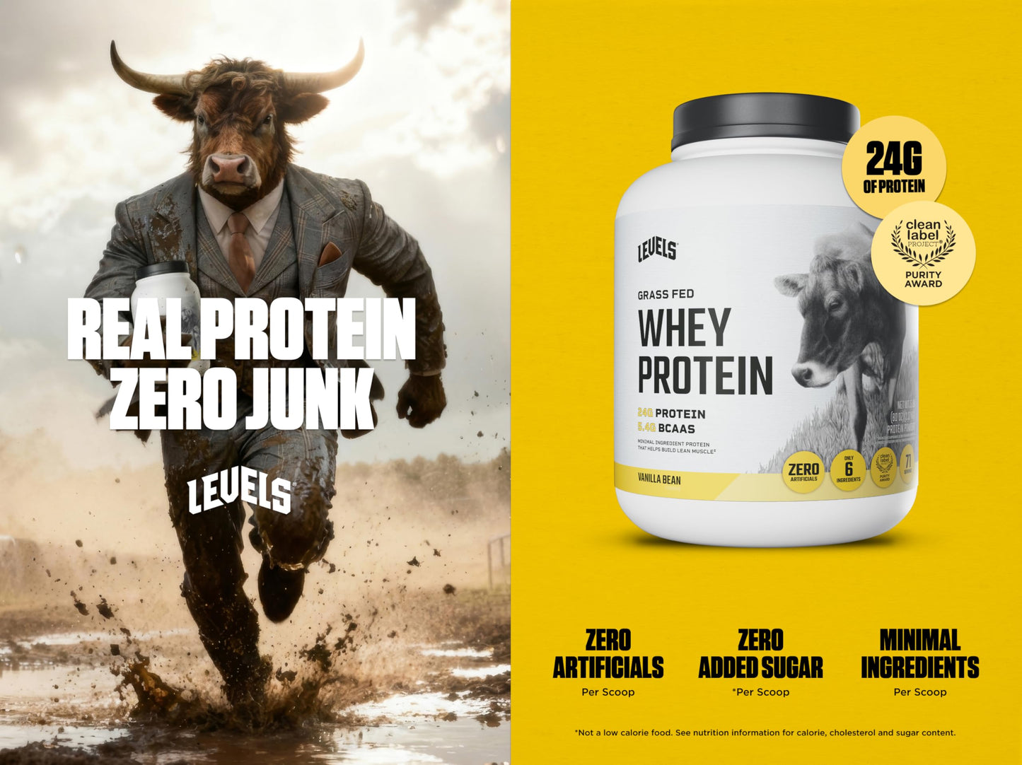 Levels Nutrition Grass Fed Whey Protein Powder Vanilla Bean, 80 Servings